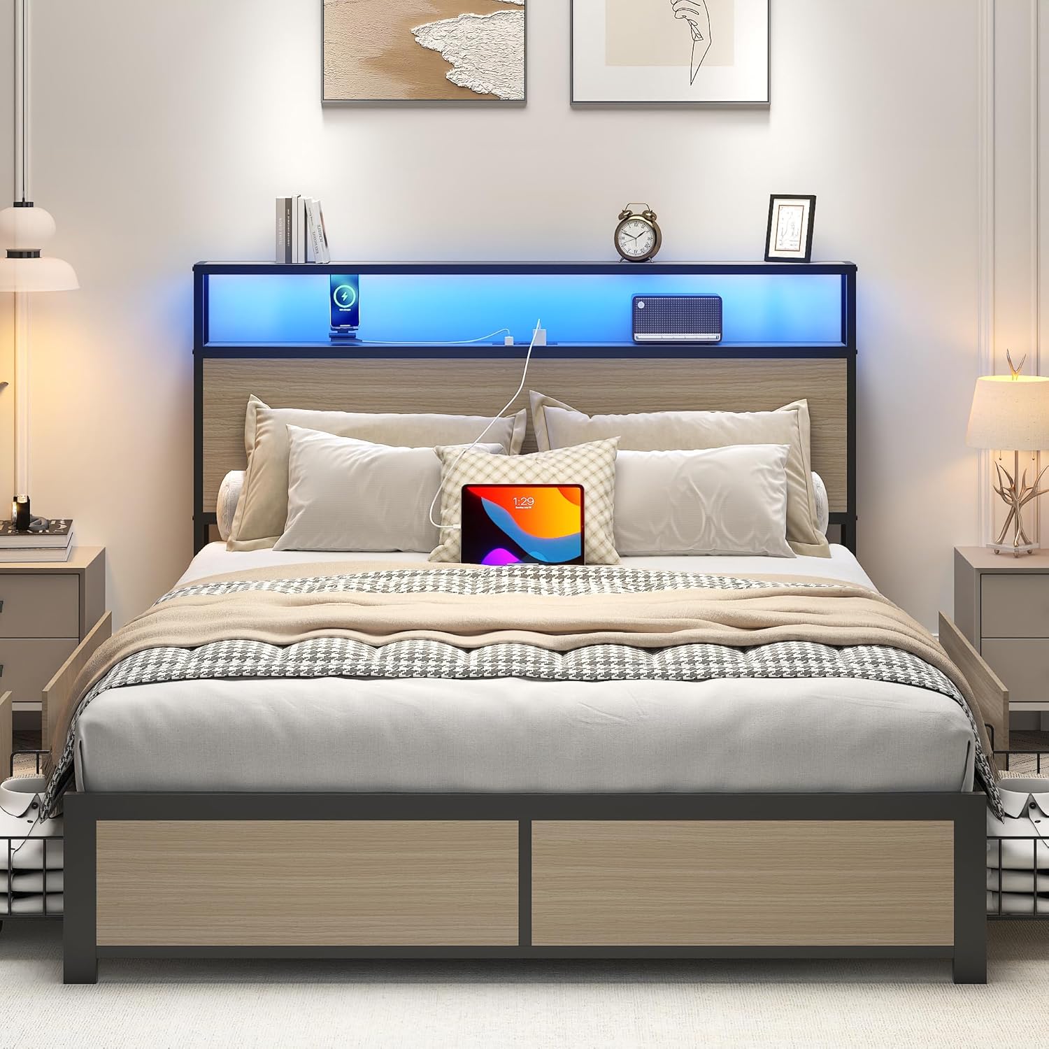 Lifezone Queen Bed Frame with 2-Tier Storage Headboard, Metal Platform Bed Frame with 4 Storage Drawers, Built in Charging Station & LED, Noise-Free/Metal Support/No Box Spring Needed wourant