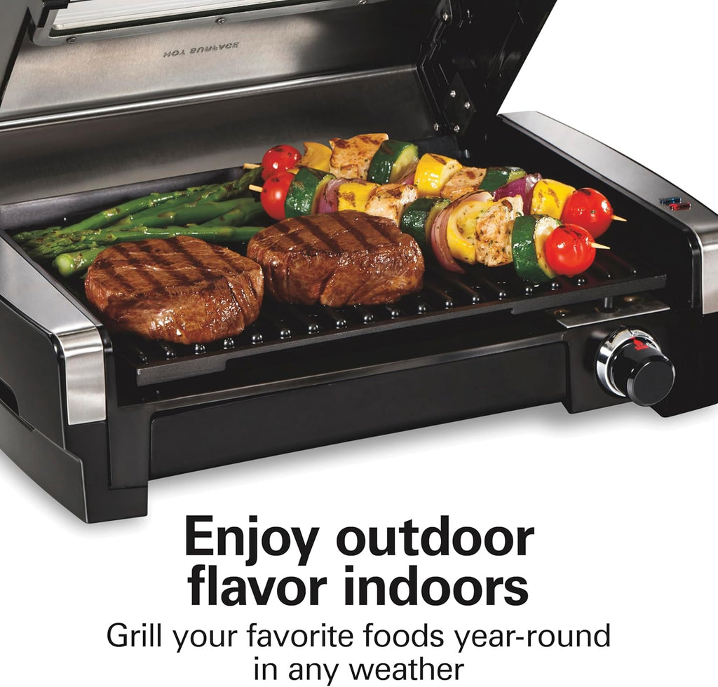 Indoor electric grill with viewing window, adjustable to 450°F, serves 6 people wourant