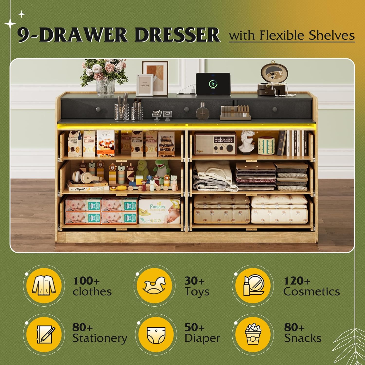 9 Drawer Led Dresser for Bedroom, 58.35'' Wide Wood Dresser Storage Organizer with Power Outlets for 65'' TV, Dressers with Open Shelves wourant