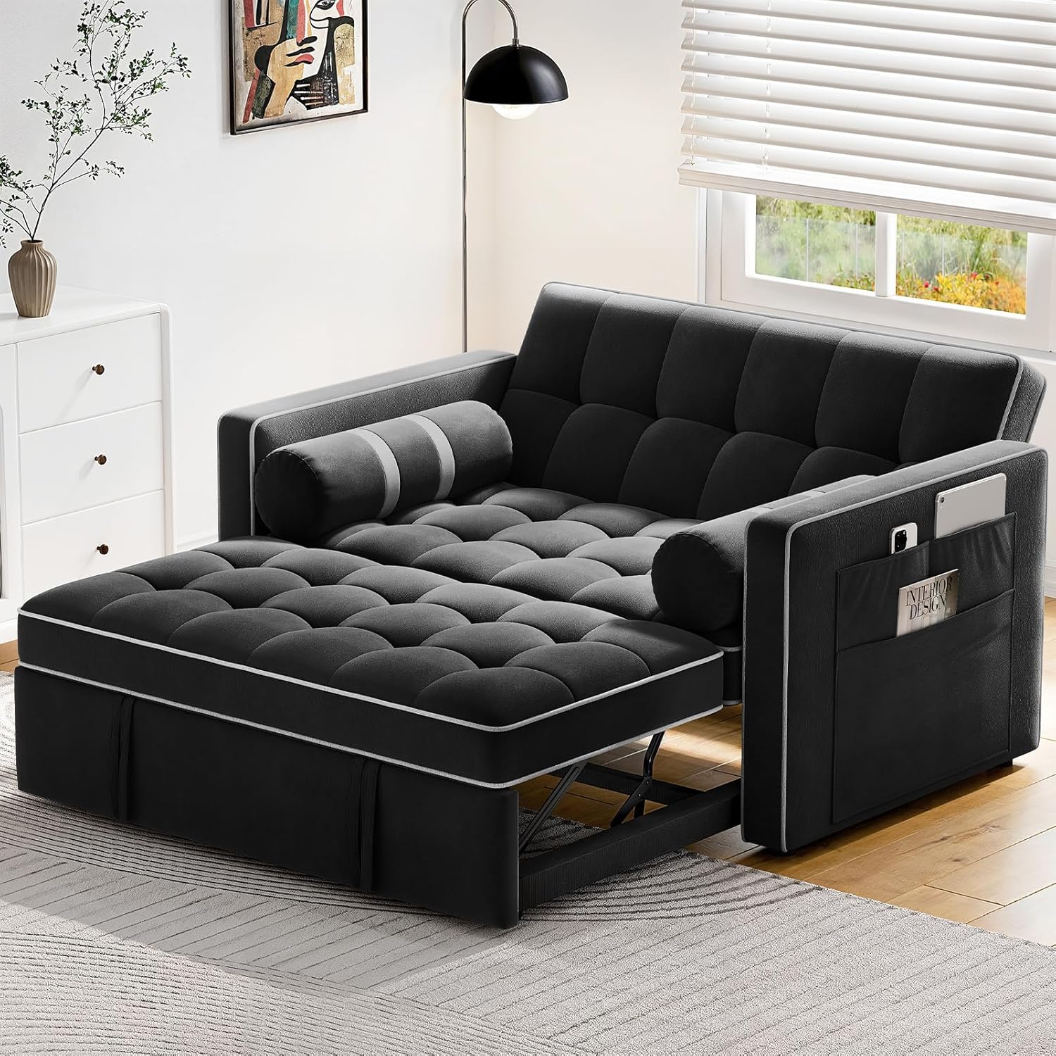 Pipishell 3 in 1 Convertible Sleeper Sofa Bed,Pull Out Couch for Living Room with USB Ports & Side Pockets,Adjustable Backrest,Velvet,Loveseat Sofa Bed,Futon Couches,Black wourant