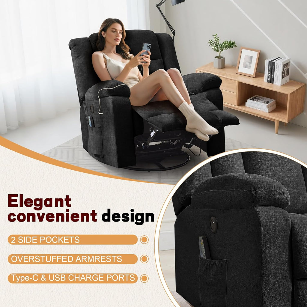 Rocker Recliner, Glider Recliner Chairs for Adults, 360° Swivel Rocking Chair with Massage and Heating, Nursery Chair with Storage and USB Charging for Living Room, Bedroom, Nursery wourant