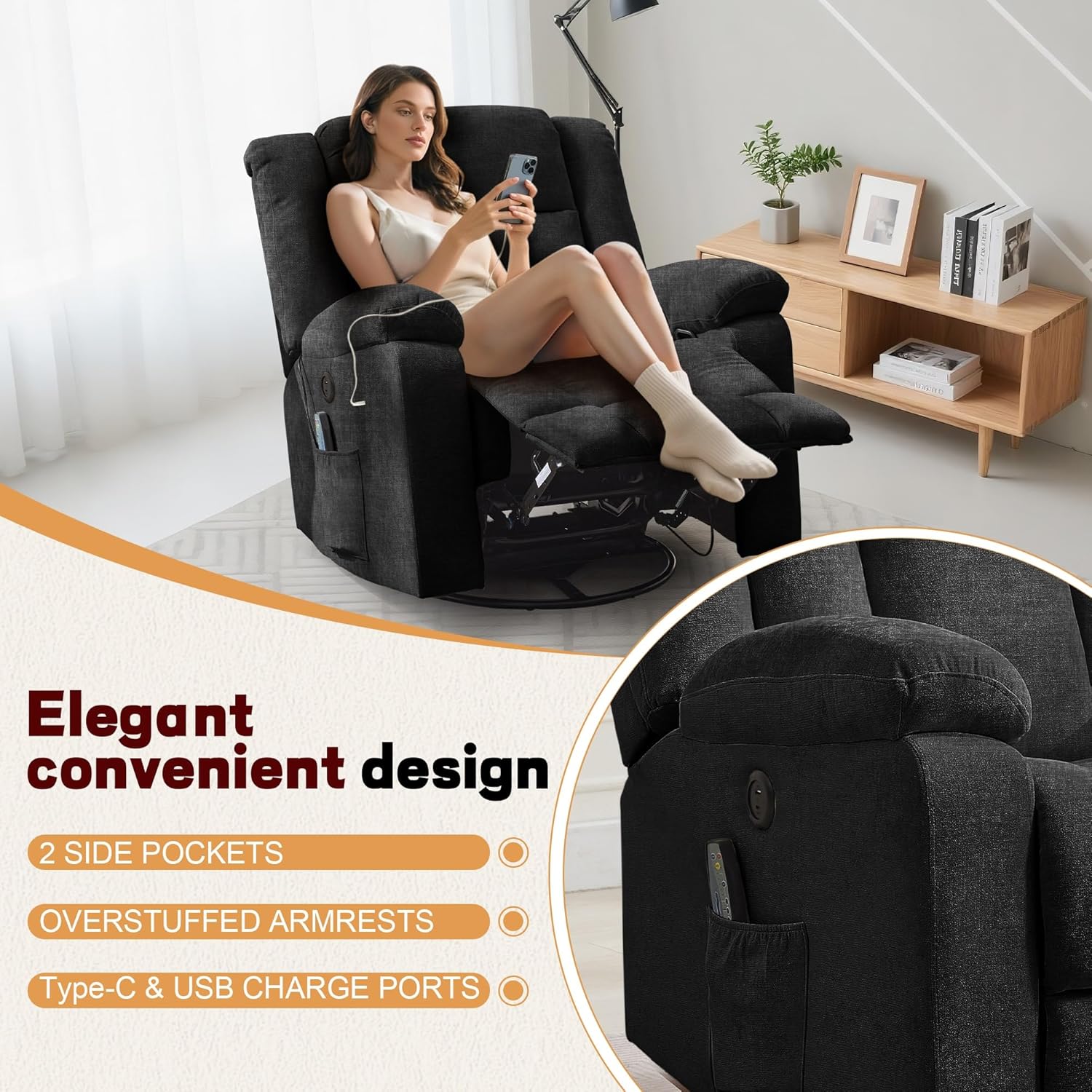 Adult rocking chair, gliding recliner, 360° rotating rocking chair with massage and heating function wourant