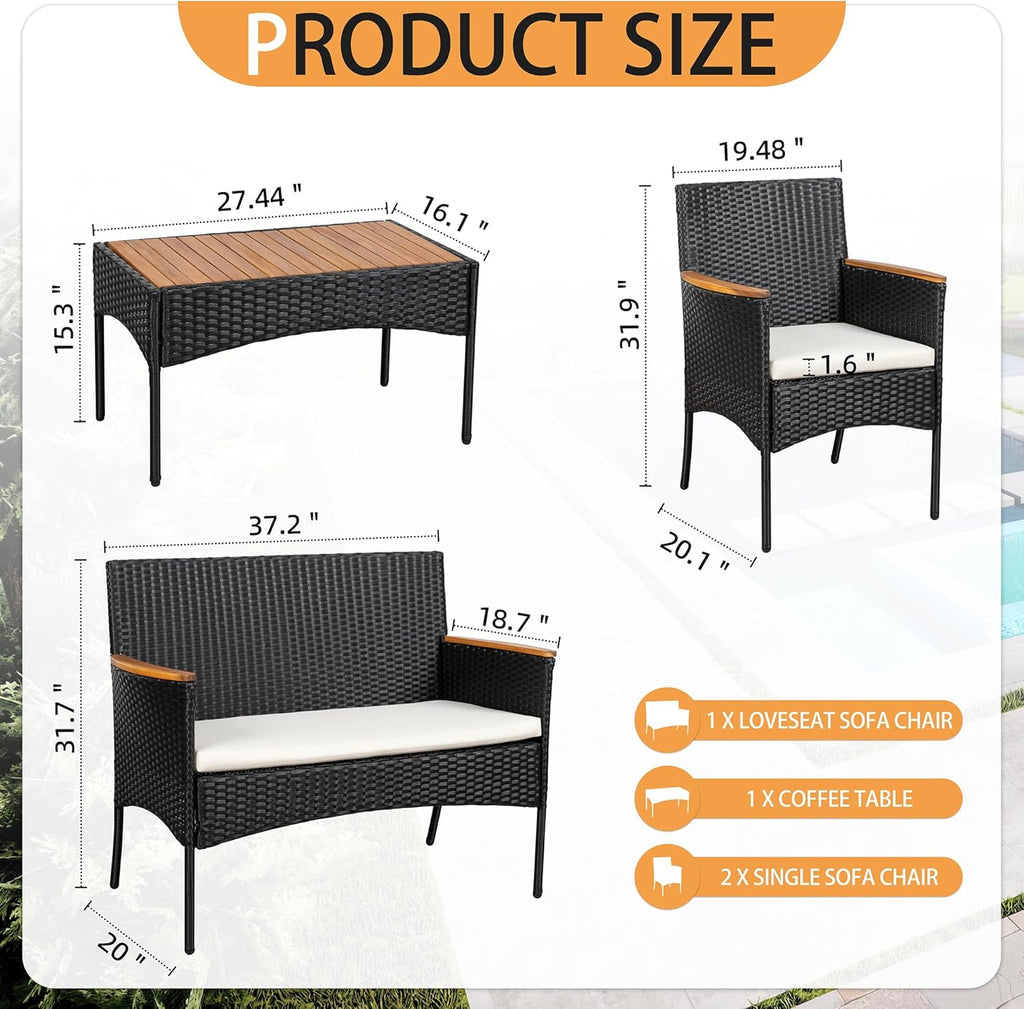 Shintenchi 4-Piece Patio Furniture Set, Outdoor Wicker Patio Conversation Furniture Set with Cushions and Wooden Tabletop for Paito Lawn Backyard, White Cushion wourant