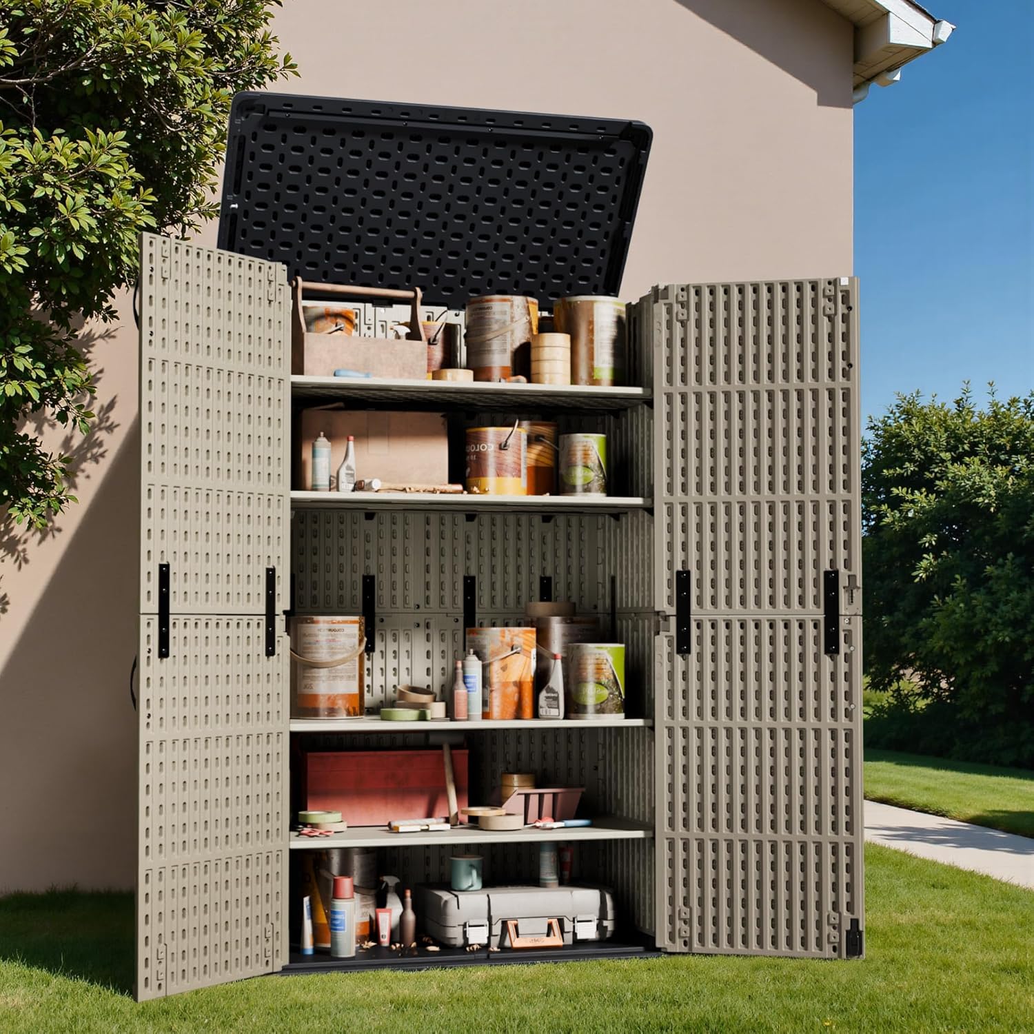 Greesum Outdoor Horizontal Storage Shed 27 Cu.ft Resin Large Storage Box for Garden Patio wourant
