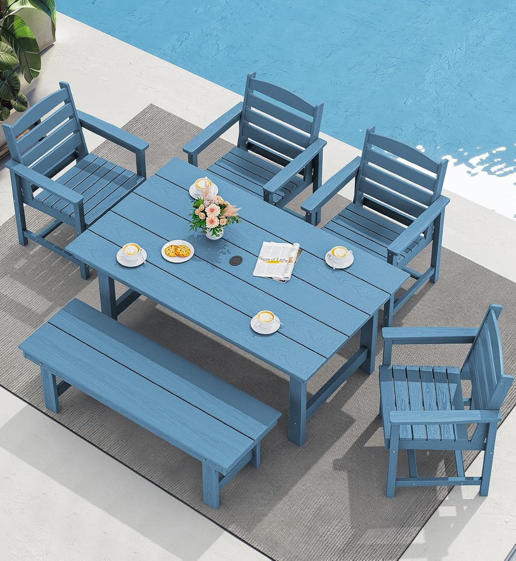 Outdoor HDPE Dining Table Set, 7-Piece Outdoor Dining Table Sets with Umbrella Hole Cut-Out Table and 6 Chairs wourant