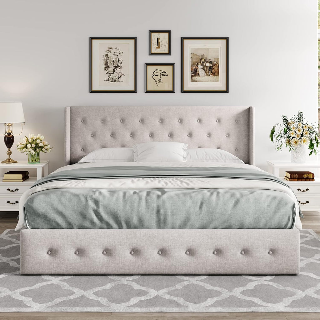 Allewie Queen Size Lift Up Storage Bed Modern Wingback Headboard Hydraulic Support wourant