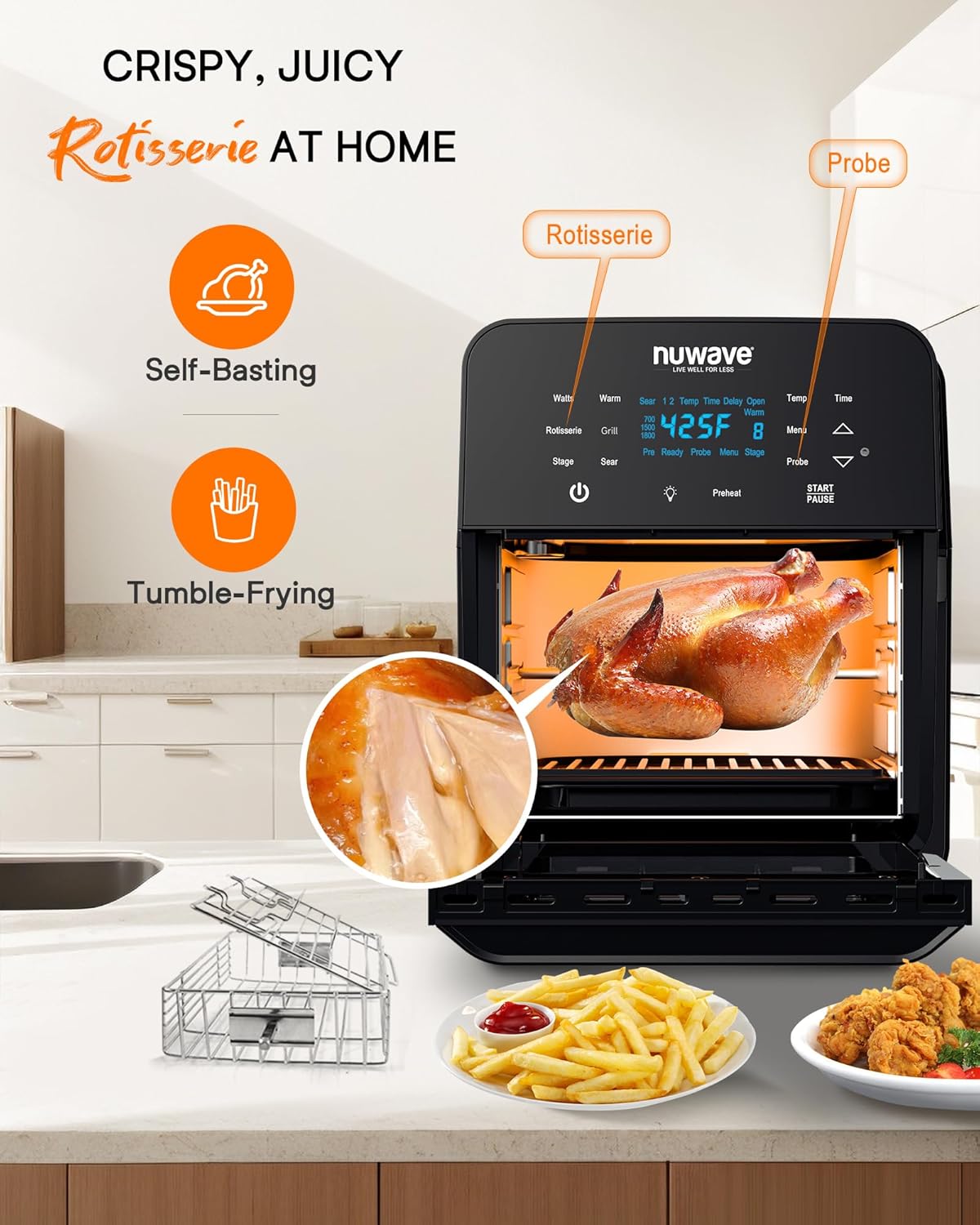 Nuwave Brio 15.5Qt Air Fryer & Broiler with 50°-425°F Temperature Control, 100 Presets and 50 Memory, Integrated Smart Thermometer, and Linear T Technology wourant