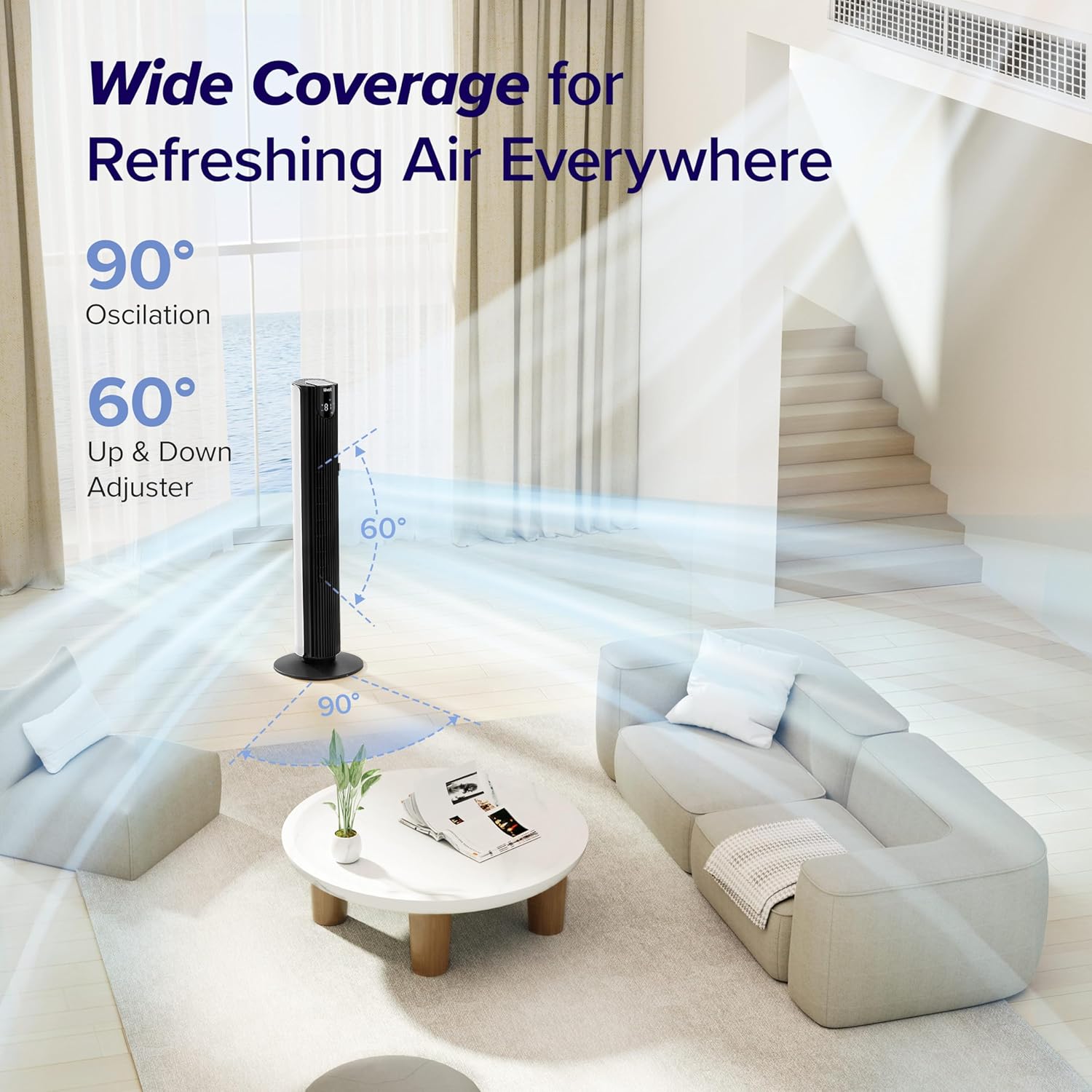 LEVOIT Tower Fan for Bedroom, Standing Fan with 28dB Quiet for Sleep, Remoter, 12H Timer, 25ft/s Velocity, 5 Speeds, 4 Modes, 90° Oscillation for Home, Office, Indoor, Bladeless 36 inch, White wourant