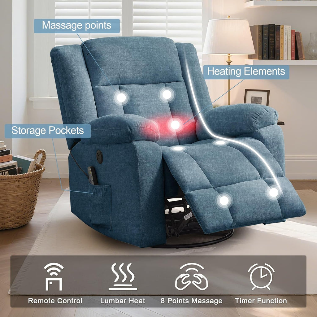 Rocker Recliner, Glider Recliner Chairs for Adults, 360° Swivel Rocking Chair with Massage and Heating, Nursery Chair with Storage and USB Charging for Living Room, Bedroom, Nursery wourant
