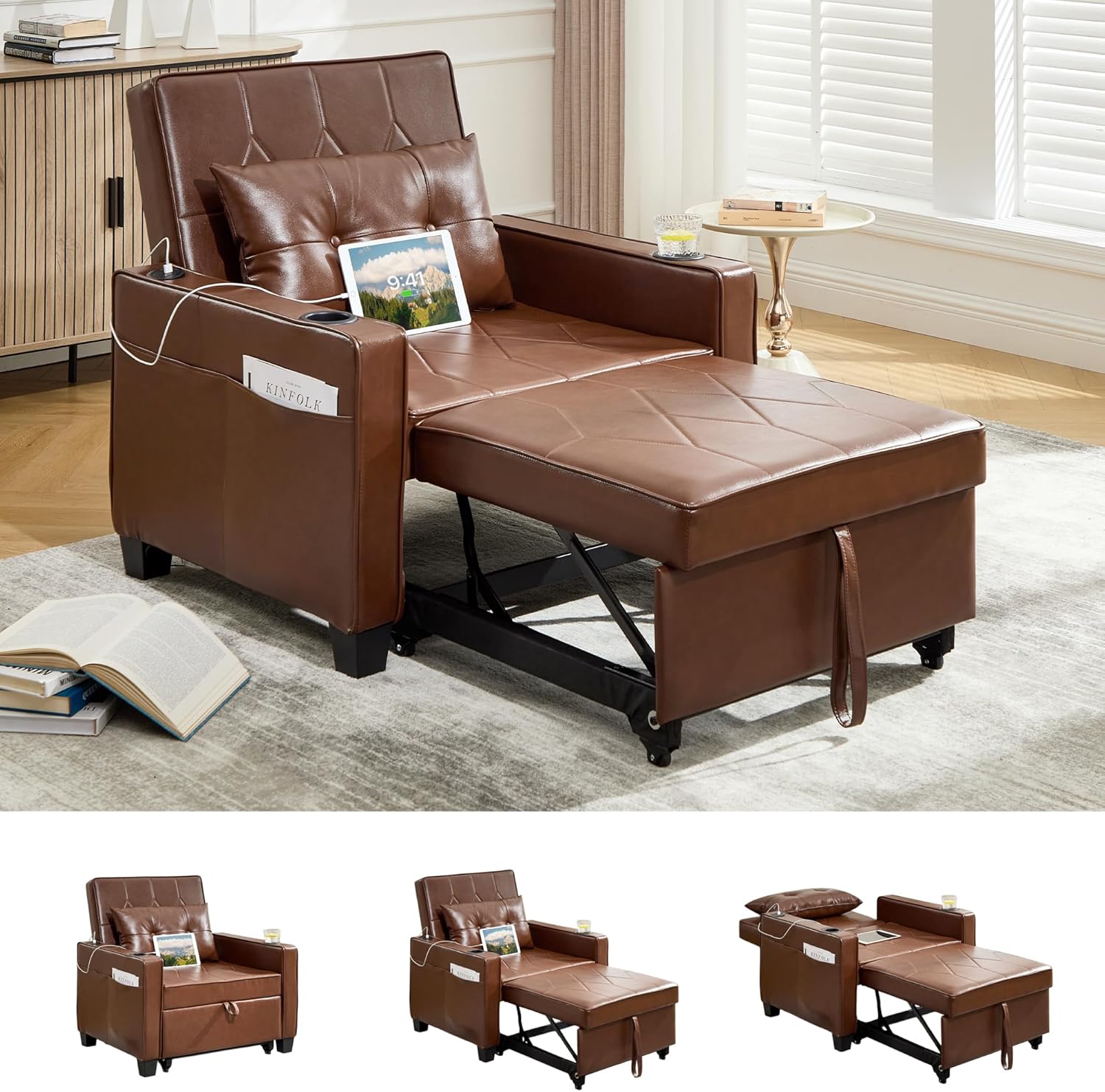Adult Convertible Sleeper Chair Bed, 3-in-1 Pull-Out Sofa Bed with USB/Type-C Ports, Cup Holders, Side Pockets, Single Sofa wourant