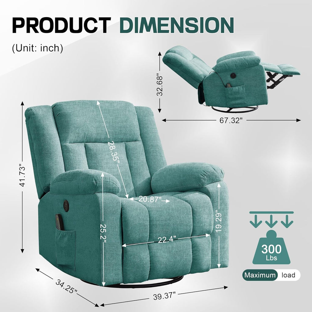 Adult rocking chair, gliding recliner, 360° rotating rocking chair with massage and heating function wourant