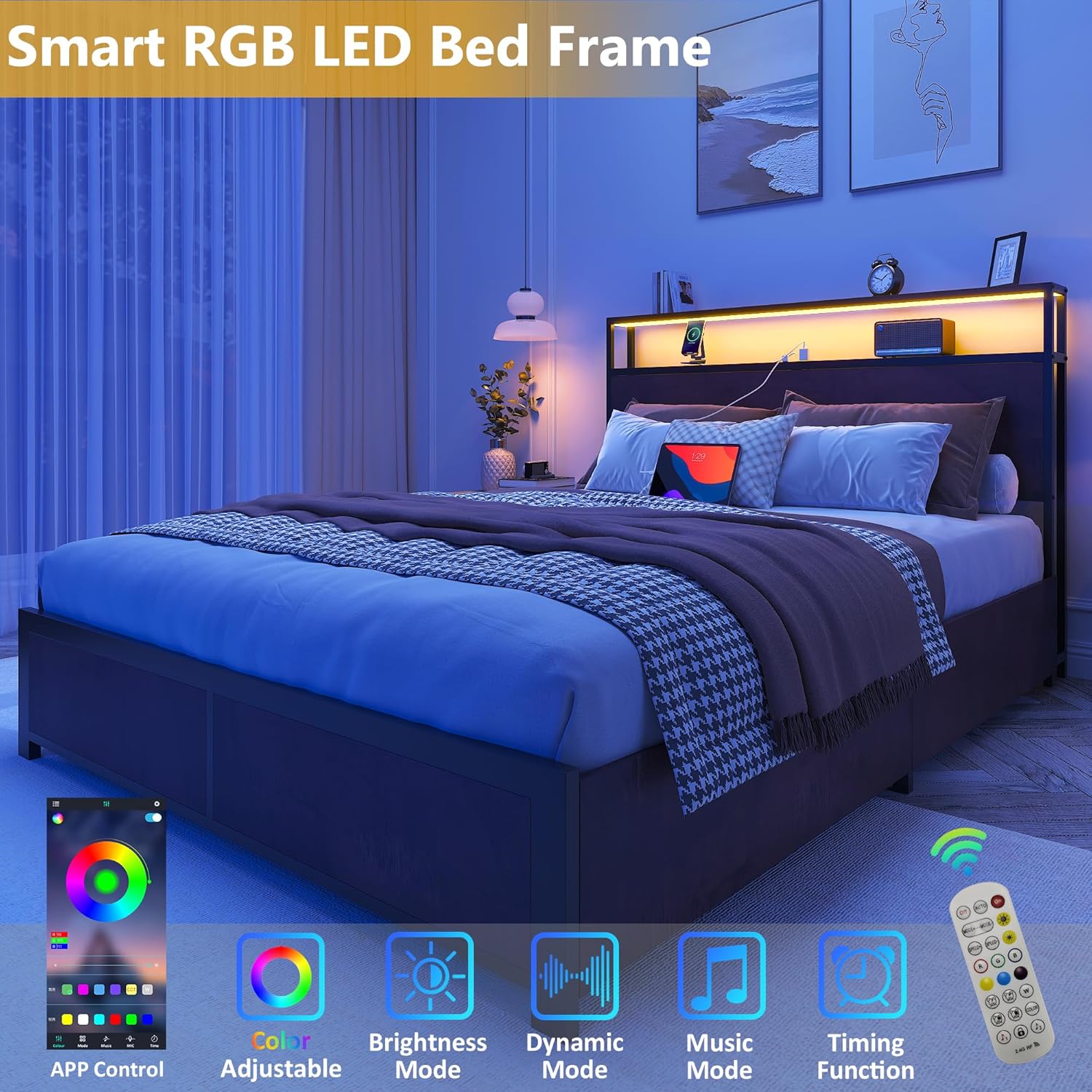 Lifezone Queen Bed Frame with 2-Tier Storage Headboard, Metal Platform Bed Frame with 4 Storage Drawers, Built in Charging Station & LED, Noise-Free/Metal Support/No Box Spring Needed wourant