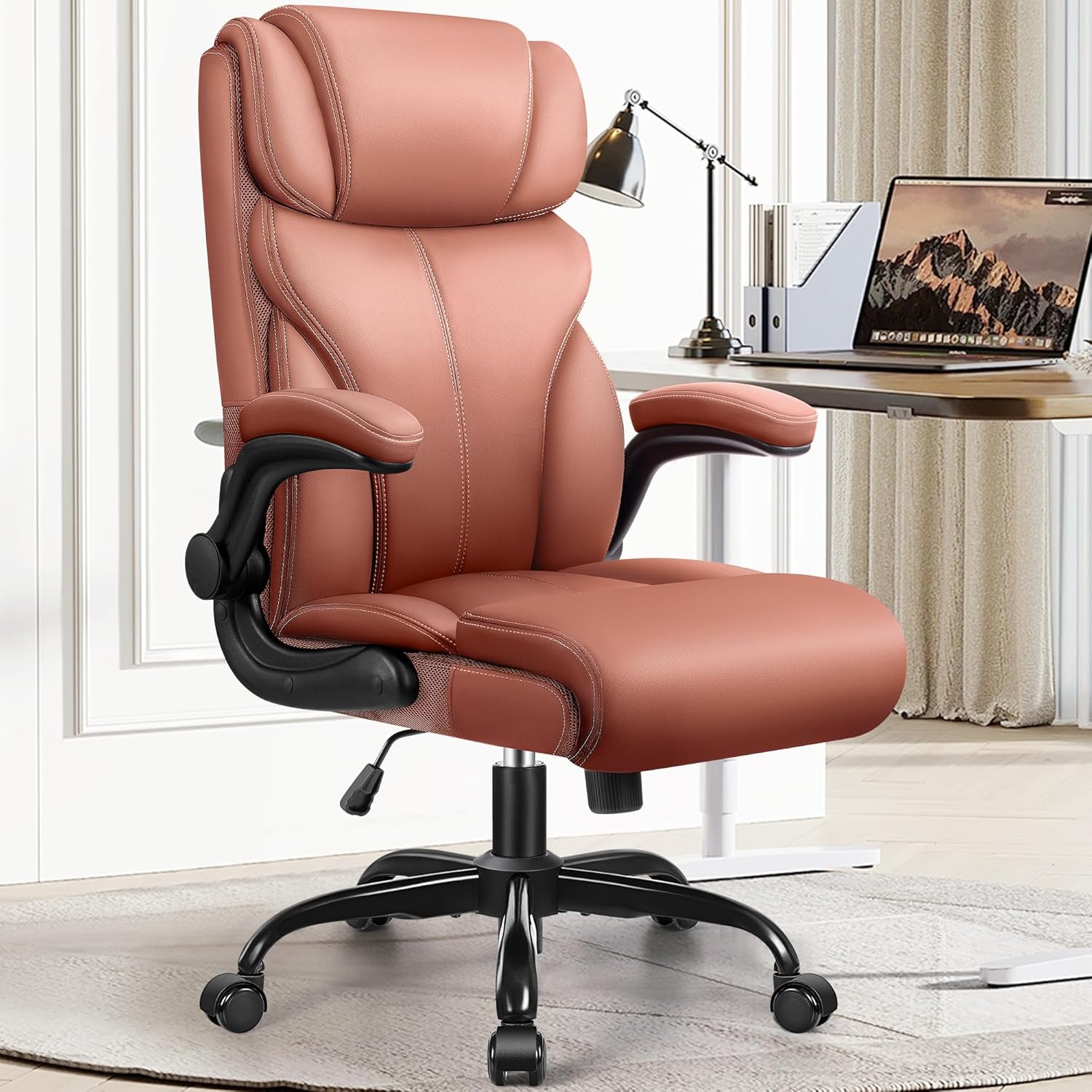 Office Chair Large High-Foot Computer Desk Chair, Breathable Leather Chair Lumbar Support Rotating Computer Chair wourant
