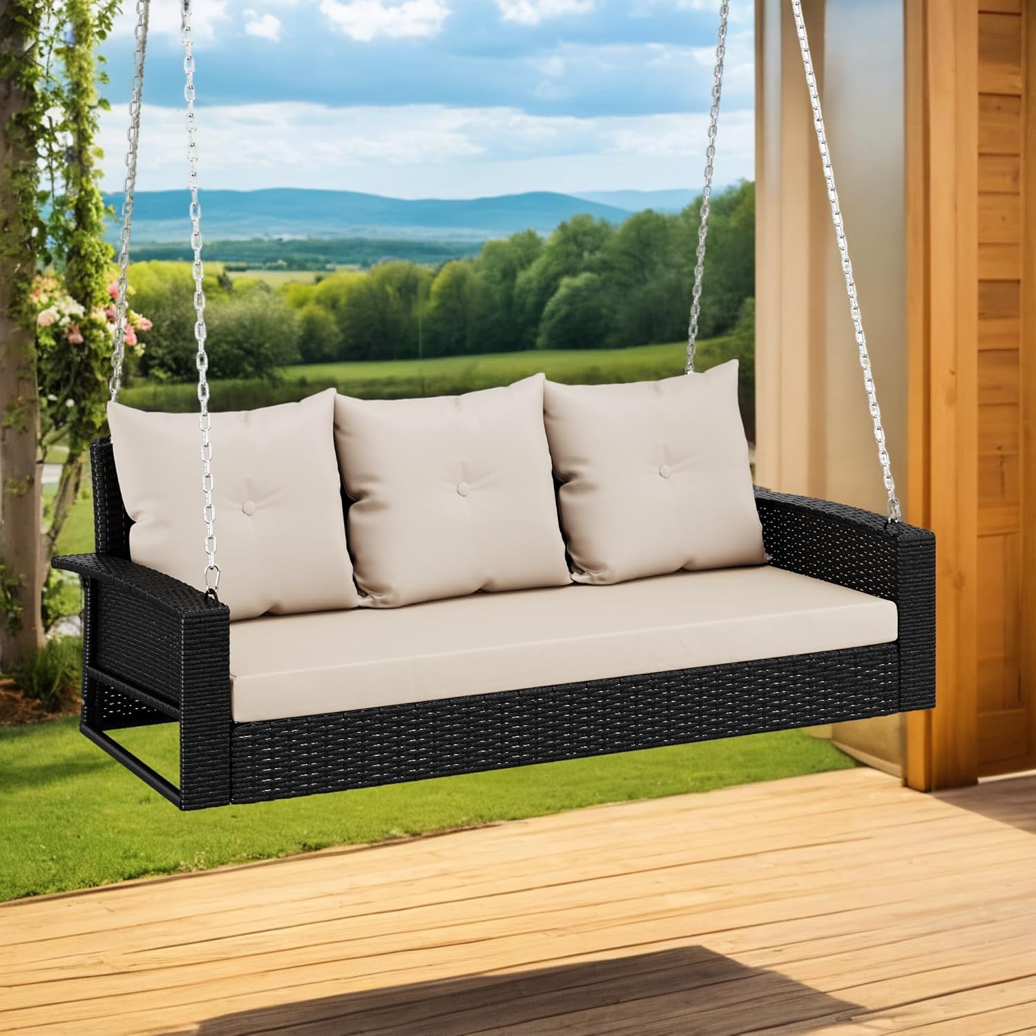 YITAHOME Hanging Porch Swing Chair Sits 3 People, Wicker Outdoor Swing Bench, Patio Lounge Chair, 1 Seating Cushion and 3 Back Cushions, w/Removable Covers, for Garden, Balcony, Backyard, Brown wourant
