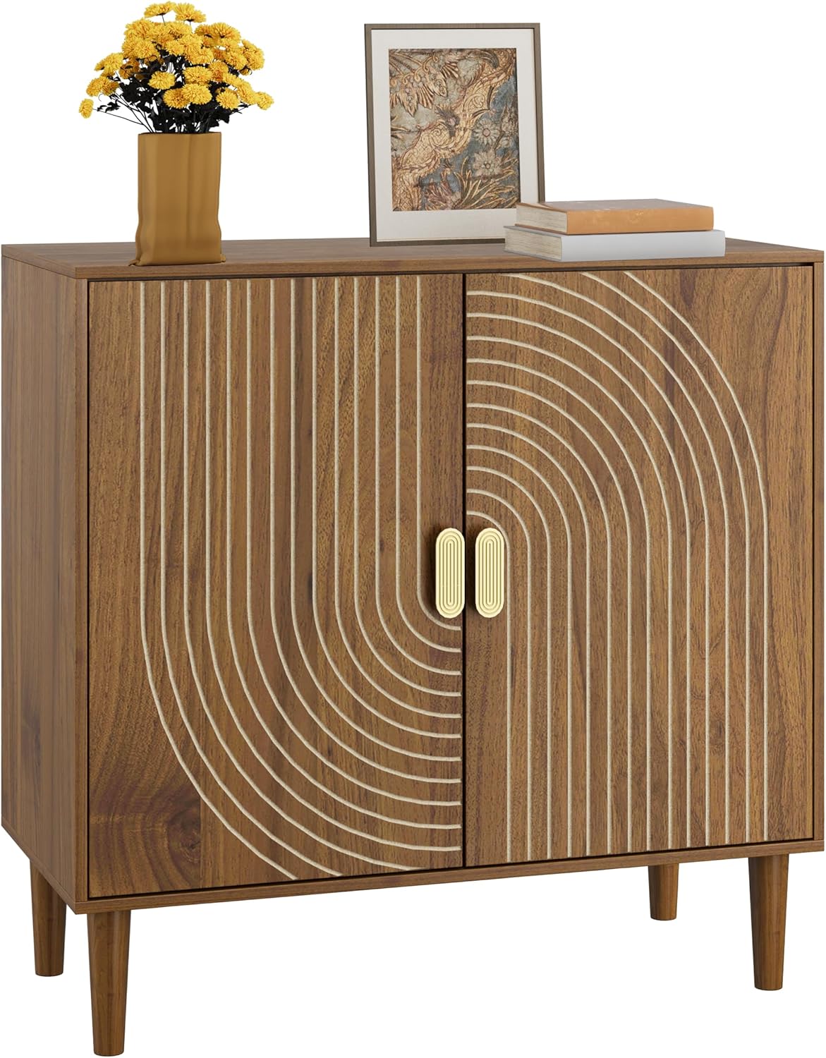 Walnut sideboard, freestanding dining cabinet with cable channel design, wooden storage cabinet with adjustable shelves wourant