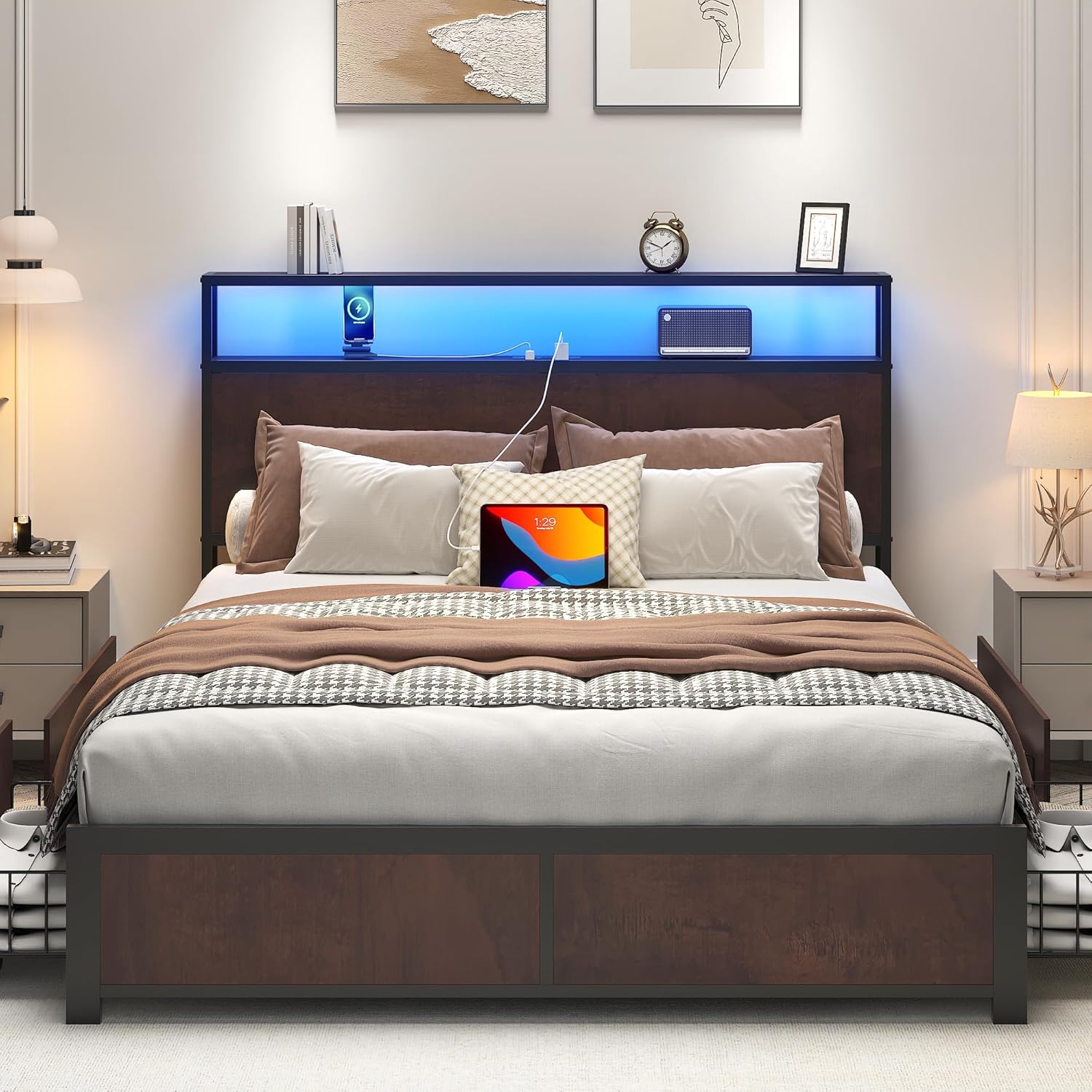 Lifezone Queen Bed Frame with 2-Tier Storage Headboard, Metal Platform Bed Frame with 4 Storage Drawers, Built in Charging Station & LED, Noise-Free/Metal Support/No Box Spring Needed wourant