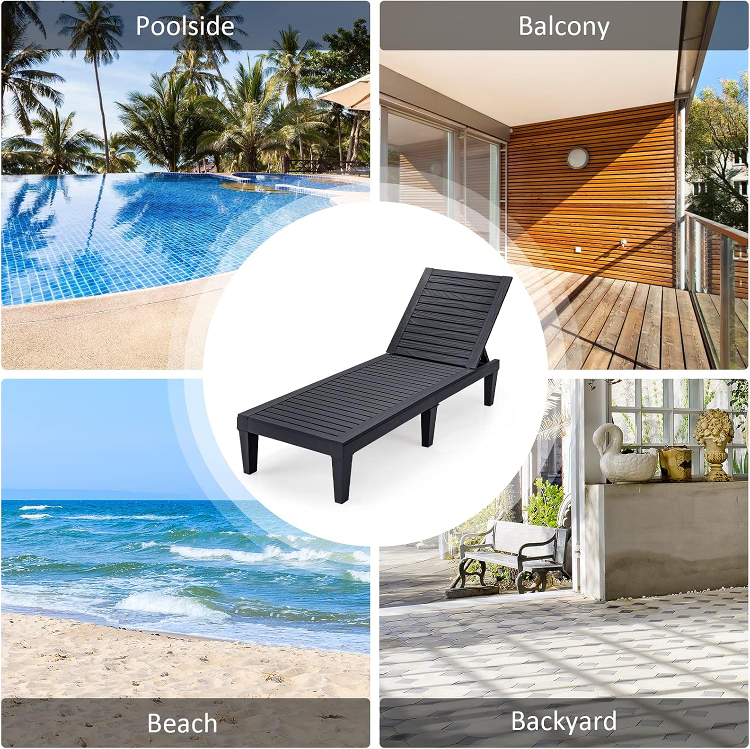 Outdoor Chaise Lounge Chair, Lightweight Patio Lounge Recliner Chair with Adjustable Backrest, 5 Reclining Positions Chaise Lounger for Patio, Beach, Balcony, Poolside, Backyard (1, Black) wourant