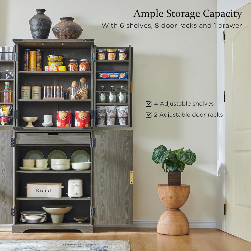 Fluted Pantry Cabinet, 72" Tall Modern Storage Cabinet with 4 Doors, Organizer, Drawer and Adjustable Shelves, Wood Cupboard wourant
