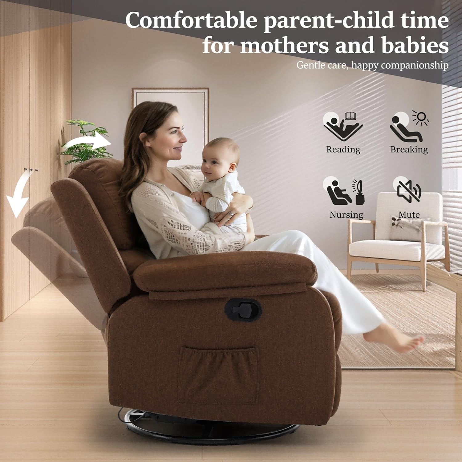 Reclining rocking chair 360 degree rotating fabric sliding reclining chair wourant