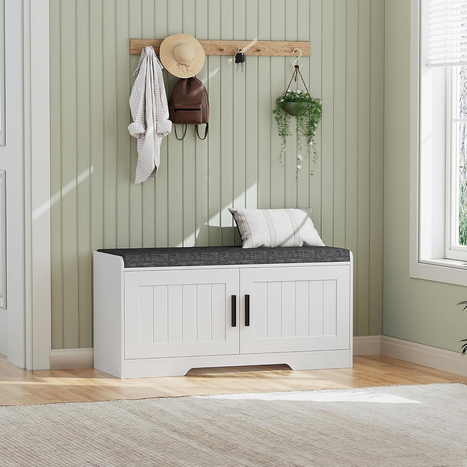 2-Tier Storage Bench, Shoe Bench with Thickened Padded Seat Cushion, Entryway Bench with 4 Doors, Adjustable Shelf wourant