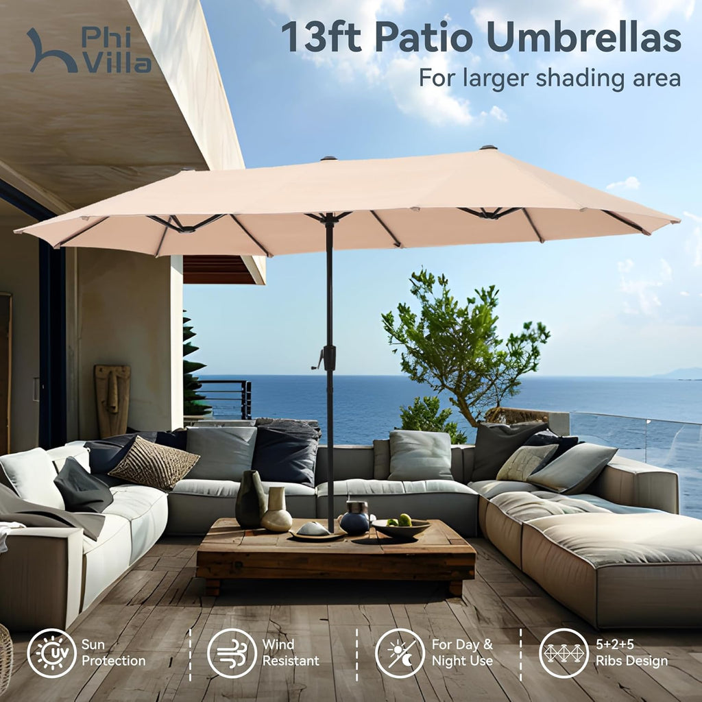PHI VILLA 6-Piece Outdoor Dining Sets, All-Weather Patio Table and Chairs Set with Umbrella for 4, Heavy Duty Patio Round Table Set for Deck, 4 Extra Large Outdoor Swivel Chairs with Thick Cushions wourant