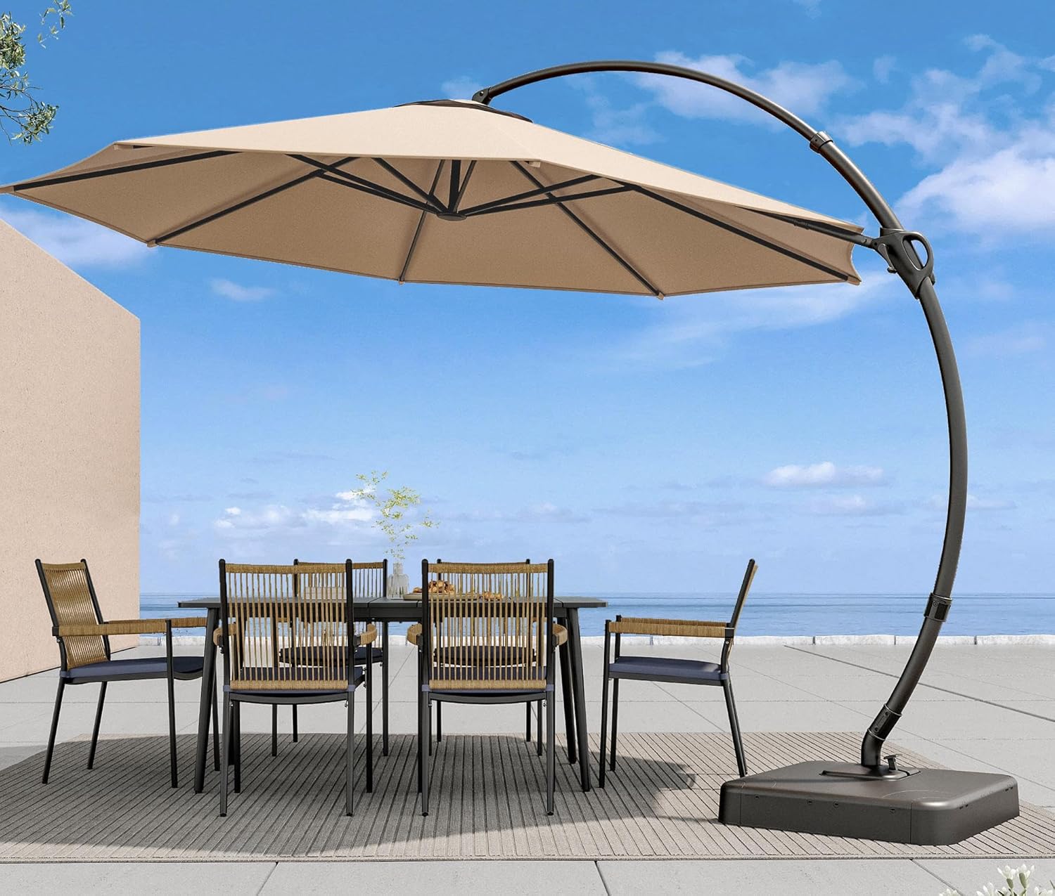 LAUSAINT HOME Outdoor Patio Umbrella with Base included, 11 FT Deluxe Curvy Cantilever Umbrella Heavy Duty Offset Hanging Umbrella with 360° Rotation for Market, Pool, Garden, Backyard, Deck (Beige) wourant