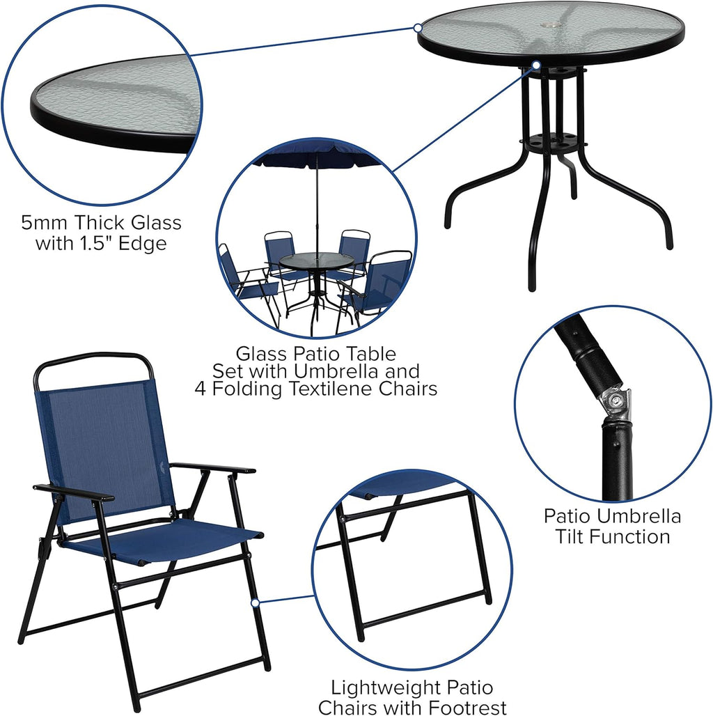 EMMA + OLIVER 6 Piece Brown Patio Garden Set with Umbrella Table and Set of 4 Folding Chairs wourant