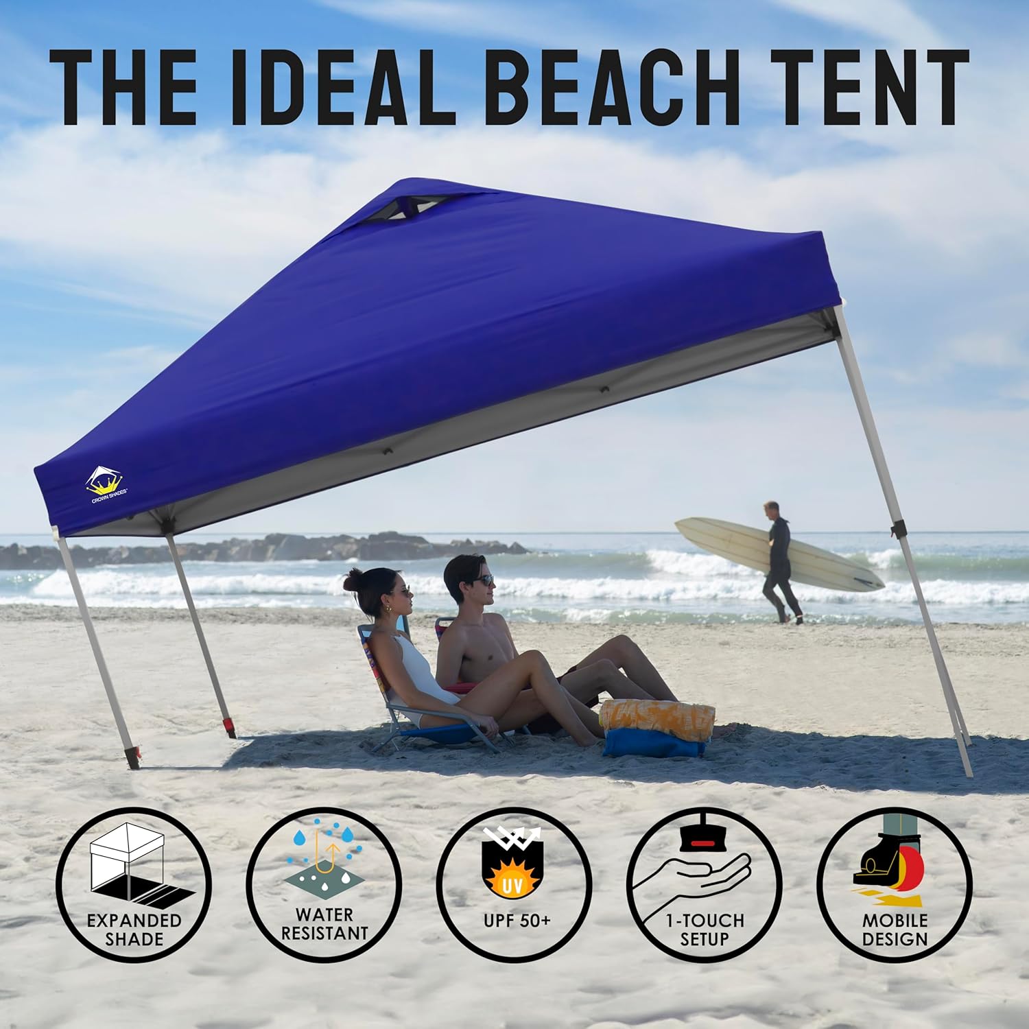 10x10 Pop-Up Awning - One-Click Installation Beach Tent - Outdoor Sunshade Silver Coated Top, 3 Heights and 4 Sand Pockets wourant