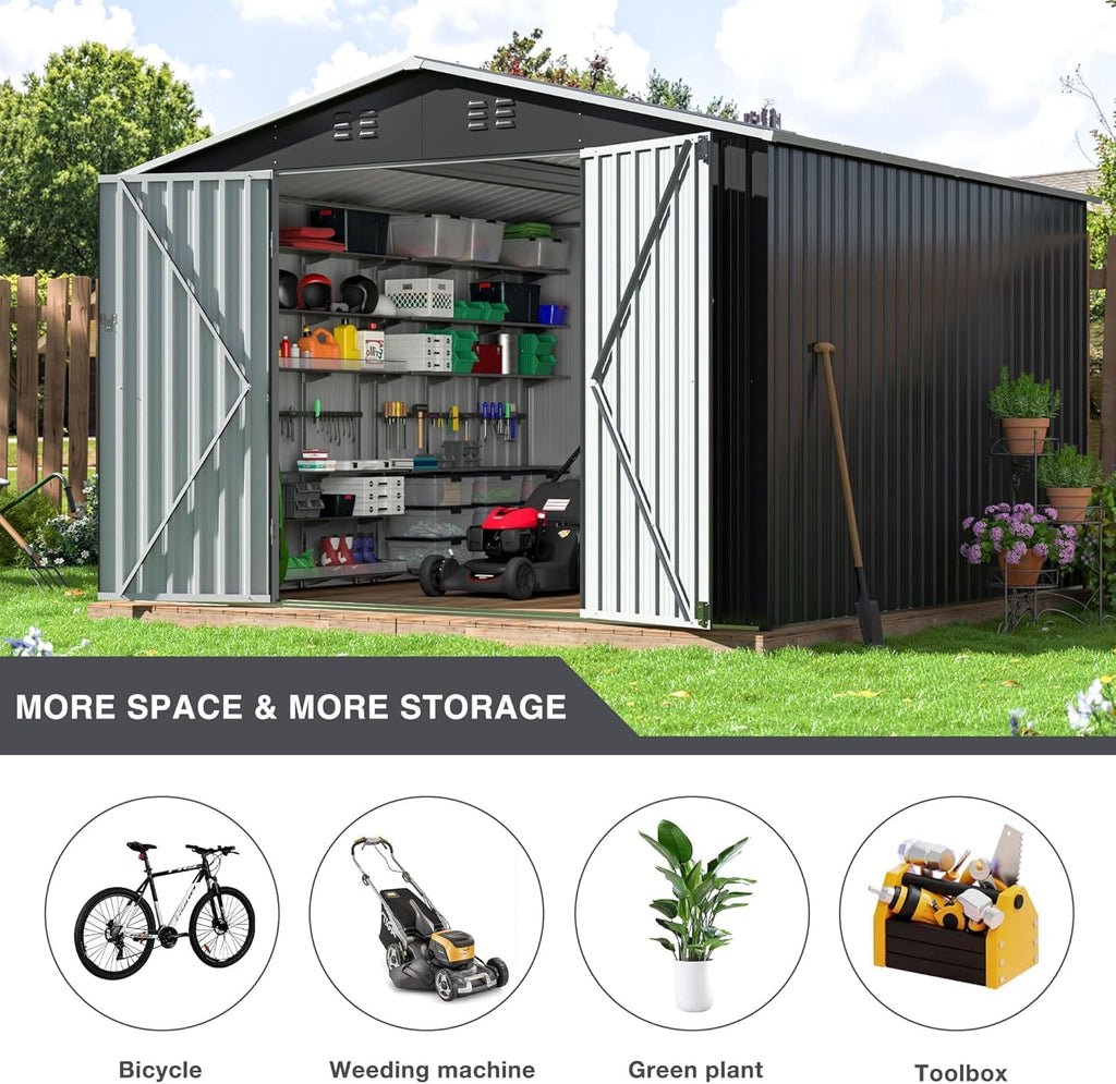 Polar Aurora 8 x 12 FT Outdoor Storage Shed, Metal Garden Shed with Updated Frame Structure, Tool Sheds for Backyard Garden Patio Lawn Black wourant