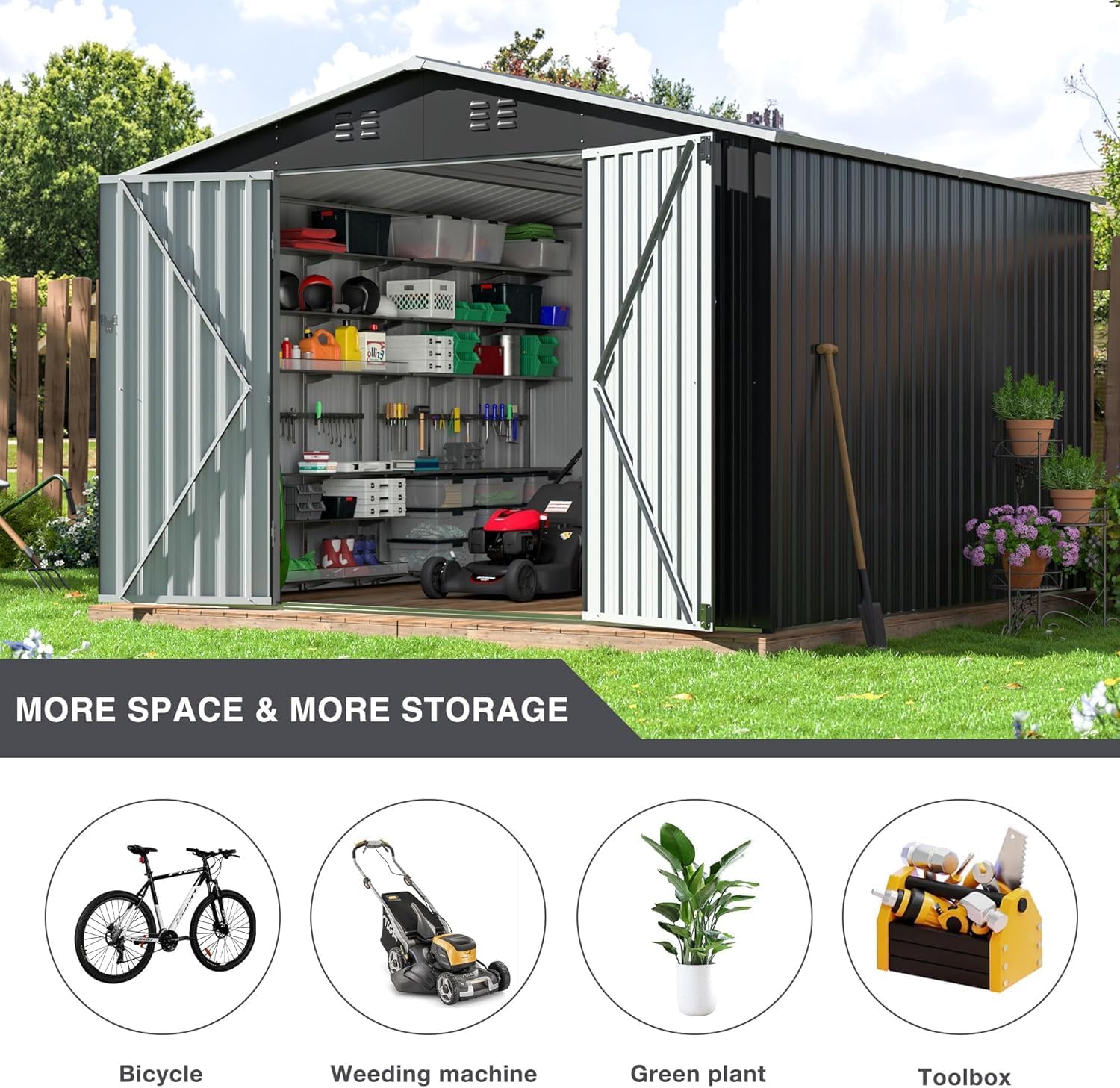 Polar Aurora 8 x 12 FT Outdoor Storage Shed, Metal Garden Shed with Updated Frame Structure, Tool Sheds for Backyard Garden Patio Lawn Black wourant