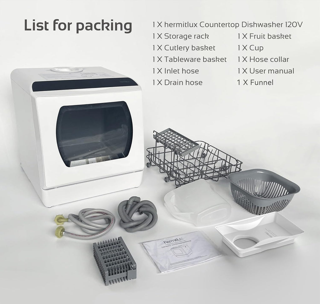 Hermitlux Countertop Dishwasher, 7 Washing Programs Portable Mini Dishwasher with 5-Liter Built-in Water Tank for Apartments & RVs, LED Light, Glass Door, No Hookup Needed wourant