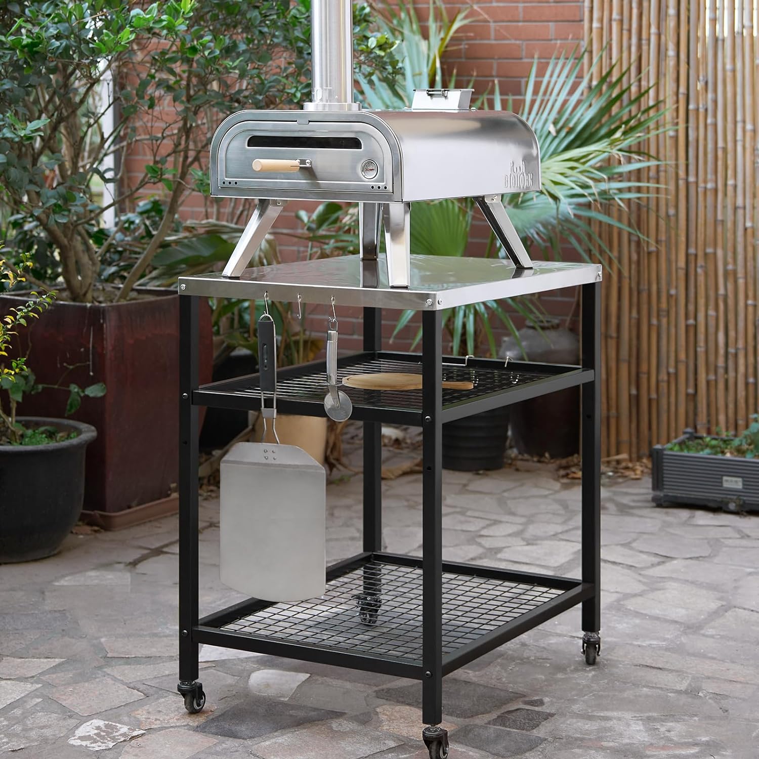 Stainless Steel Outdoor Grill Cart Pizza Oven Stand Trolley Table with Wheels Three-Shelf Movable Food Prep and Work Table Heavy Duty Grill Carts Outdoor Cart 31.5"×24"×35.5" wourant
