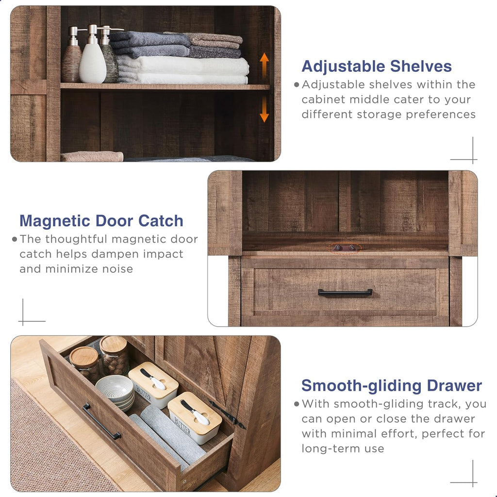 JXQTLINGMU Farmhouse Kitchen Pantry - 72" Tall Wood Kitchen Storage Cabinet with Adjustable Shelves and 2 Barn-Style Doors and Drawers wourant