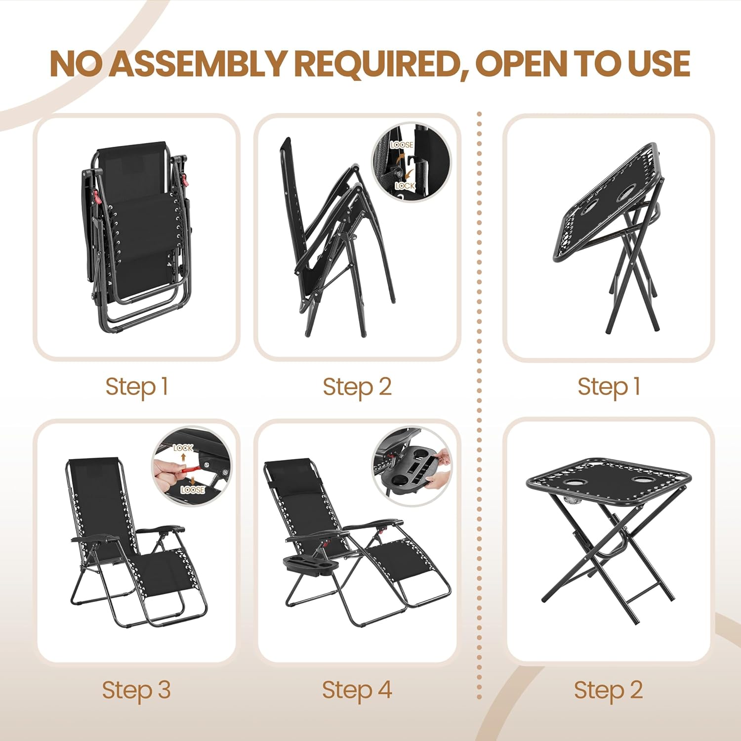 3PCS Zero Gravity Recliner Portable Outdoor Reclining Chair Set w/Side Table Folding Chaise Lounge Chairs wourant