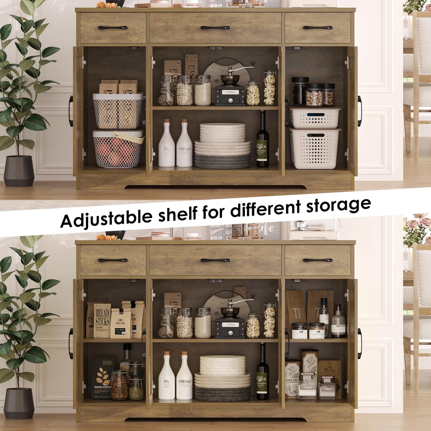 HOSTACK Buffet Cabinet with Drawers, 55" Large Sideboard Buffet Storage Cabinet with Shelves and Doors, Modern Farmhouse Coffee Bar Station Wood Kitchen Table for Kitchen, Dining Room, White/Rustic wourant