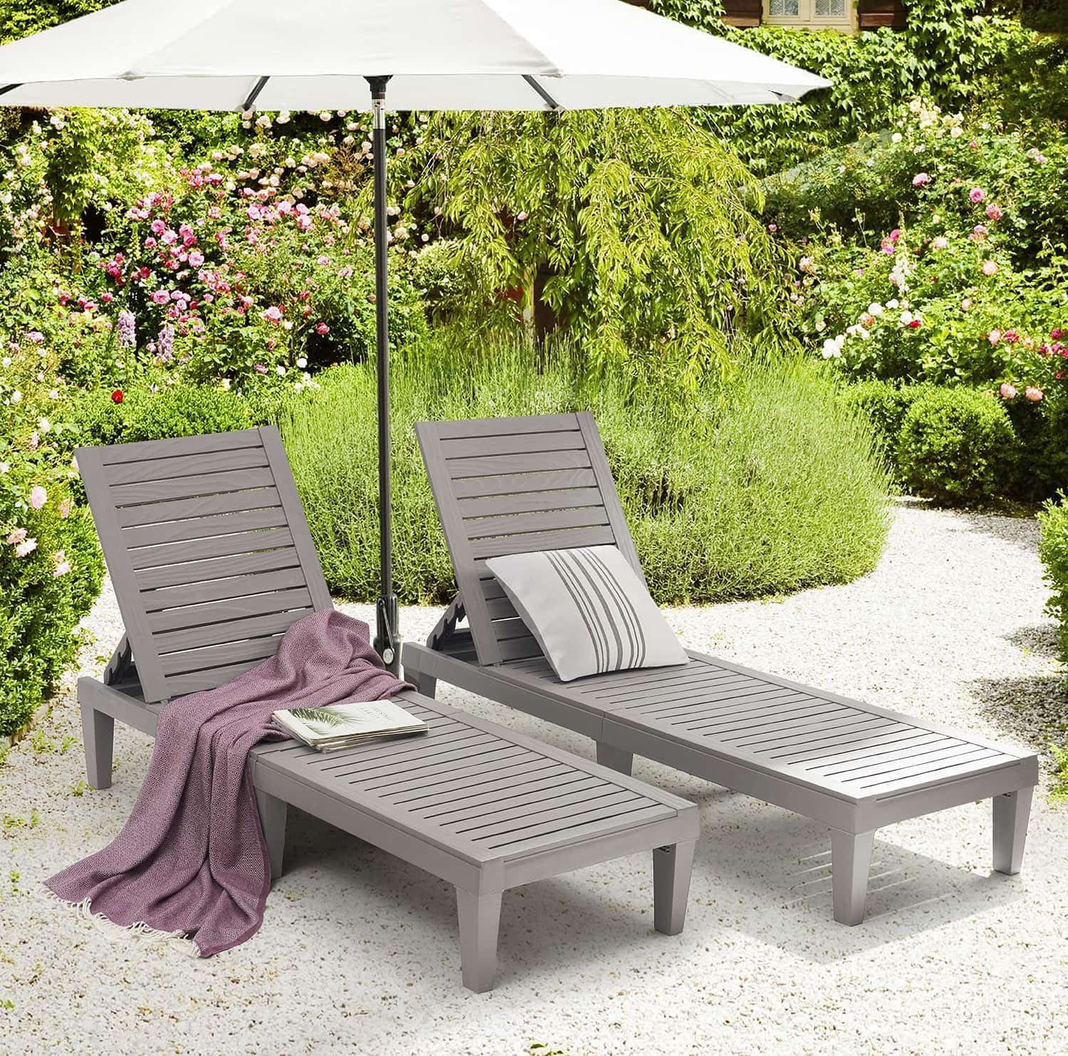 Patio Chairs - Black Chaise Lounge Chair Outdoor 5-Position Adjustable Sun Tanning Chair Waterproof Pool Lounge Chairs Set of 2 Reclining Lawn Chair, Lightweight Outdoor Lounge Chairs wourant