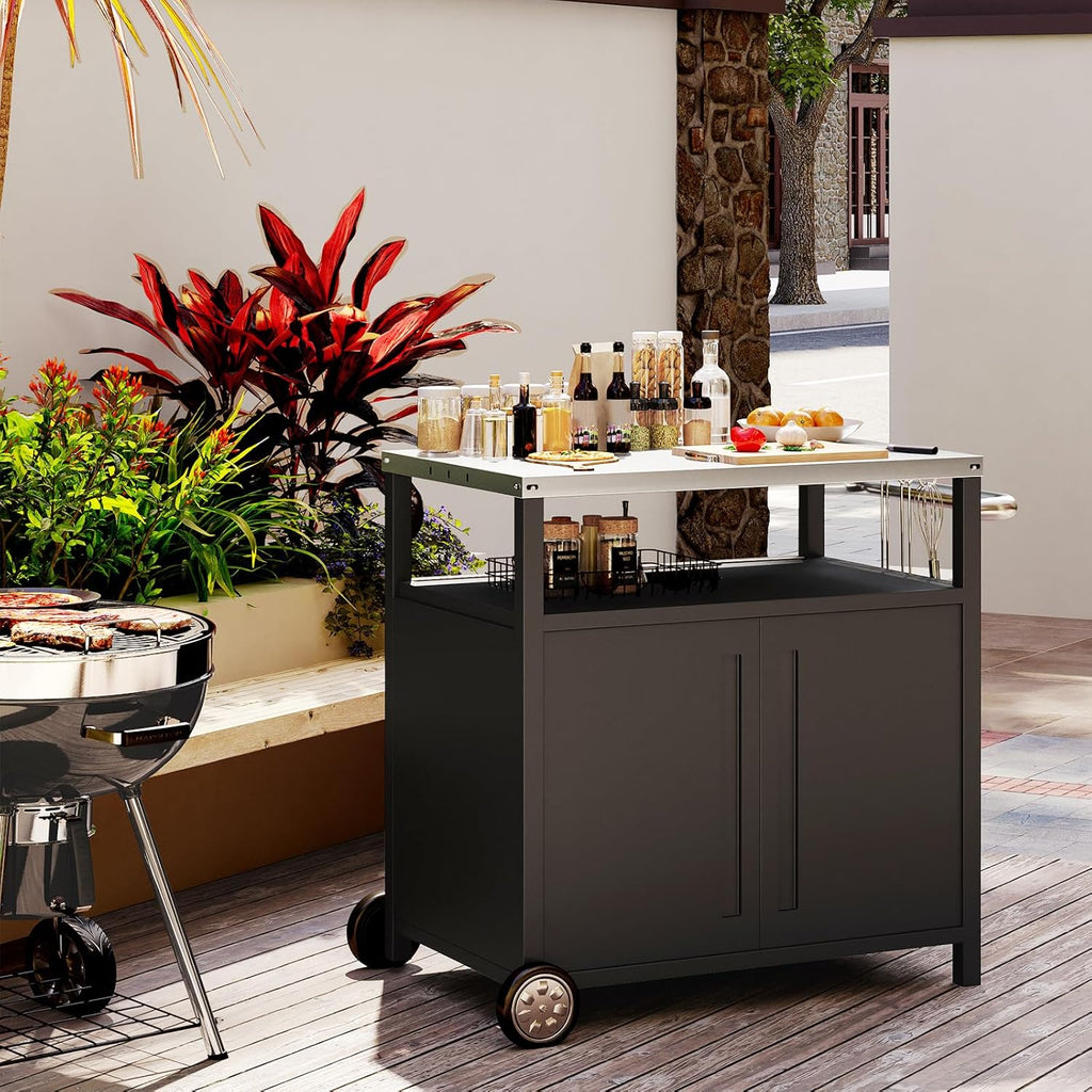 Stainless Steel Outdoor Grill Cart Pizza Oven Stand Trolley Table with Wheels Three-Shelf Movable Food Prep and Work Table Heavy Duty Grill Carts Outdoor Cart 31.5"×24"×35.5" wourant