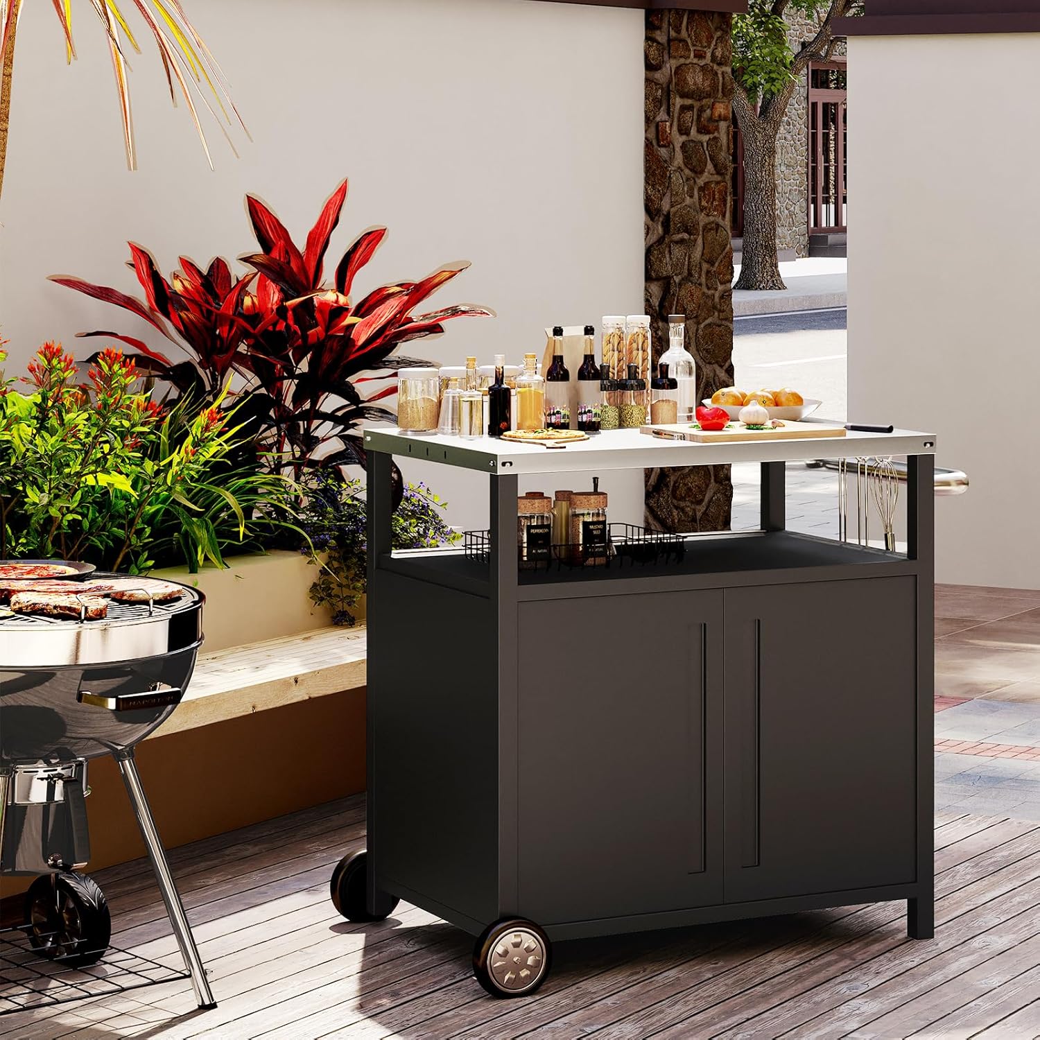 Stainless Steel Outdoor Grill Cart Pizza Oven Stand Trolley Table with Wheels Three-Shelf Movable Food Prep and Work Table Heavy Duty Grill Carts Outdoor Cart 31.5"×24"×35.5" wourant