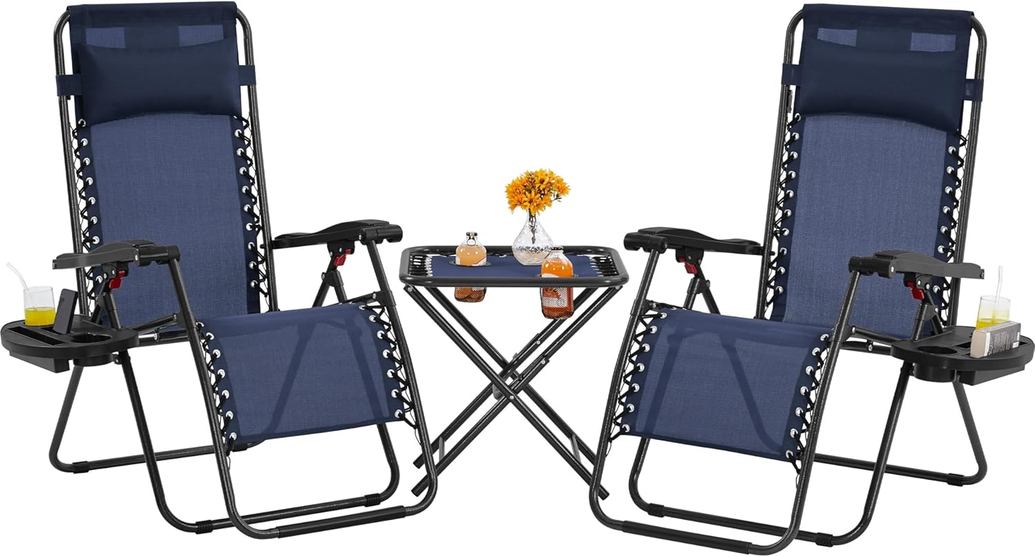 3PCS Zero Gravity Recliner Portable Outdoor Reclining Chair Set w/Side Table Folding Chaise Lounge Chairs wourant