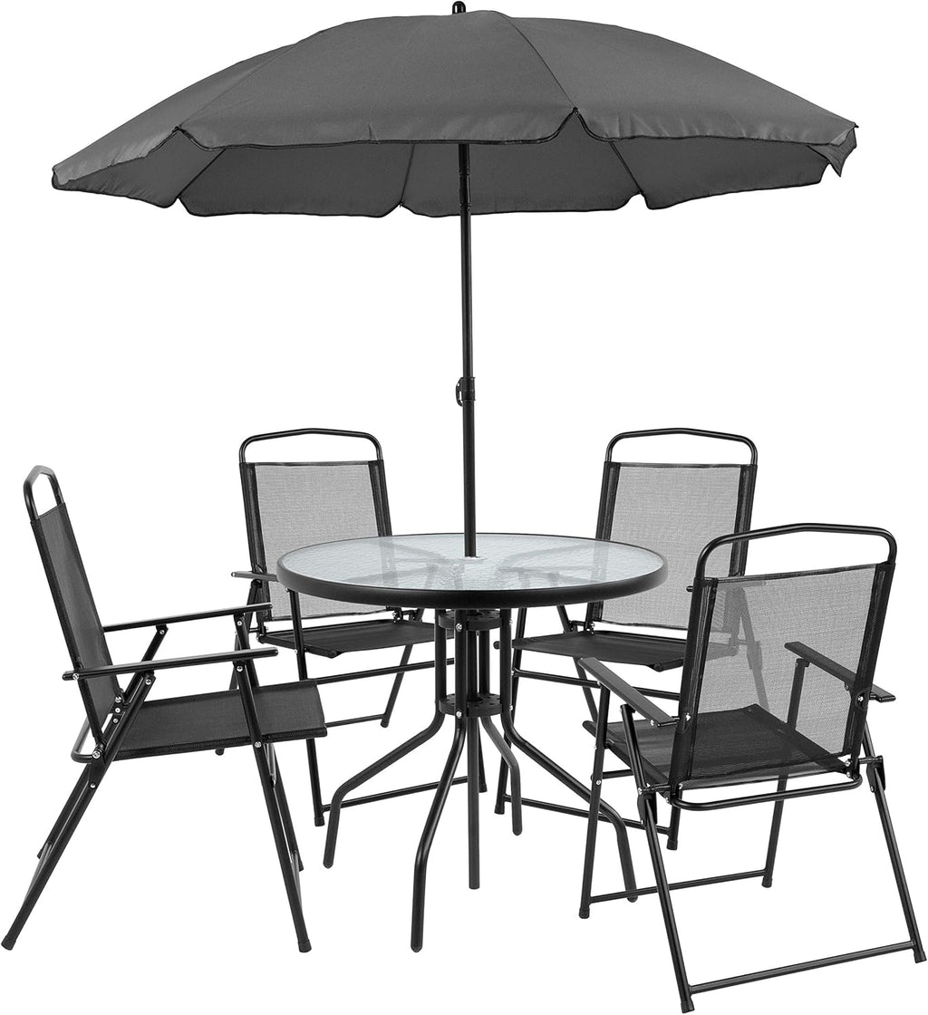 EMMA + OLIVER 6 Piece Brown Patio Garden Set with Umbrella Table and Set of 4 Folding Chairs wourant