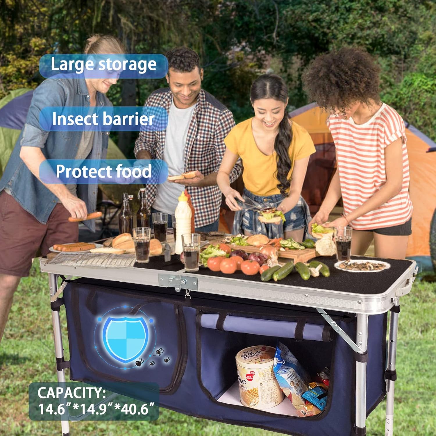 Outdoor Folding Table Aluminum Lightweight Height Adjustable with Storage Organizer for BBQ, Party, Camping wourant