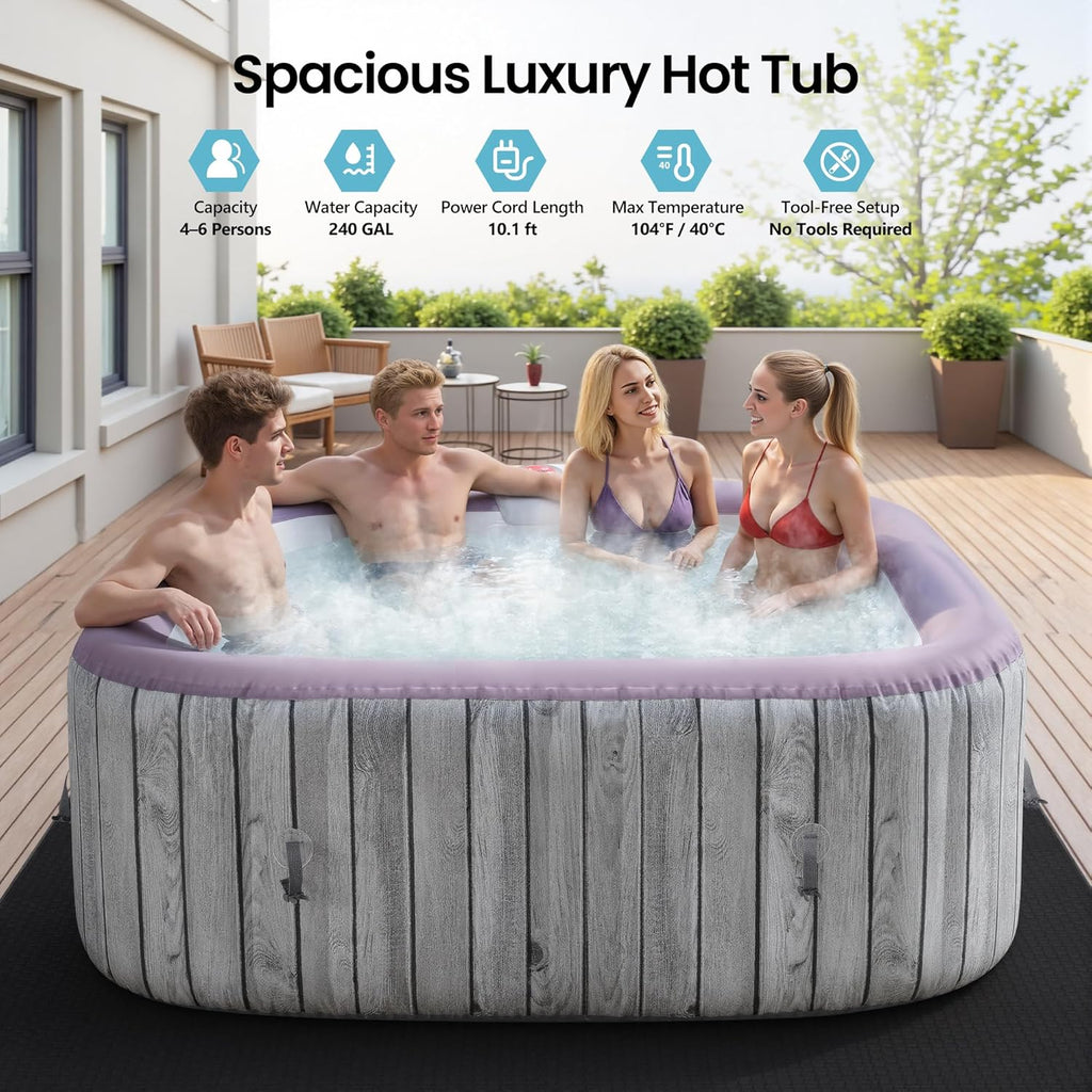 4-6 Person Inflatable Hot Tub, Portable Outdoor Spa with 130 Air Jets, Circulation Heating wourant