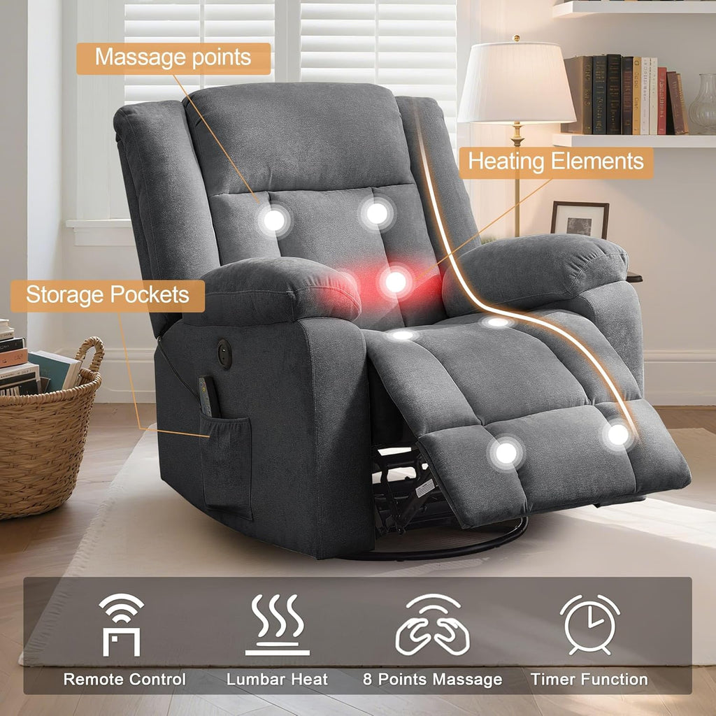Adult rocking chair, gliding recliner, 360° rotating rocking chair with massage and heating function wourant