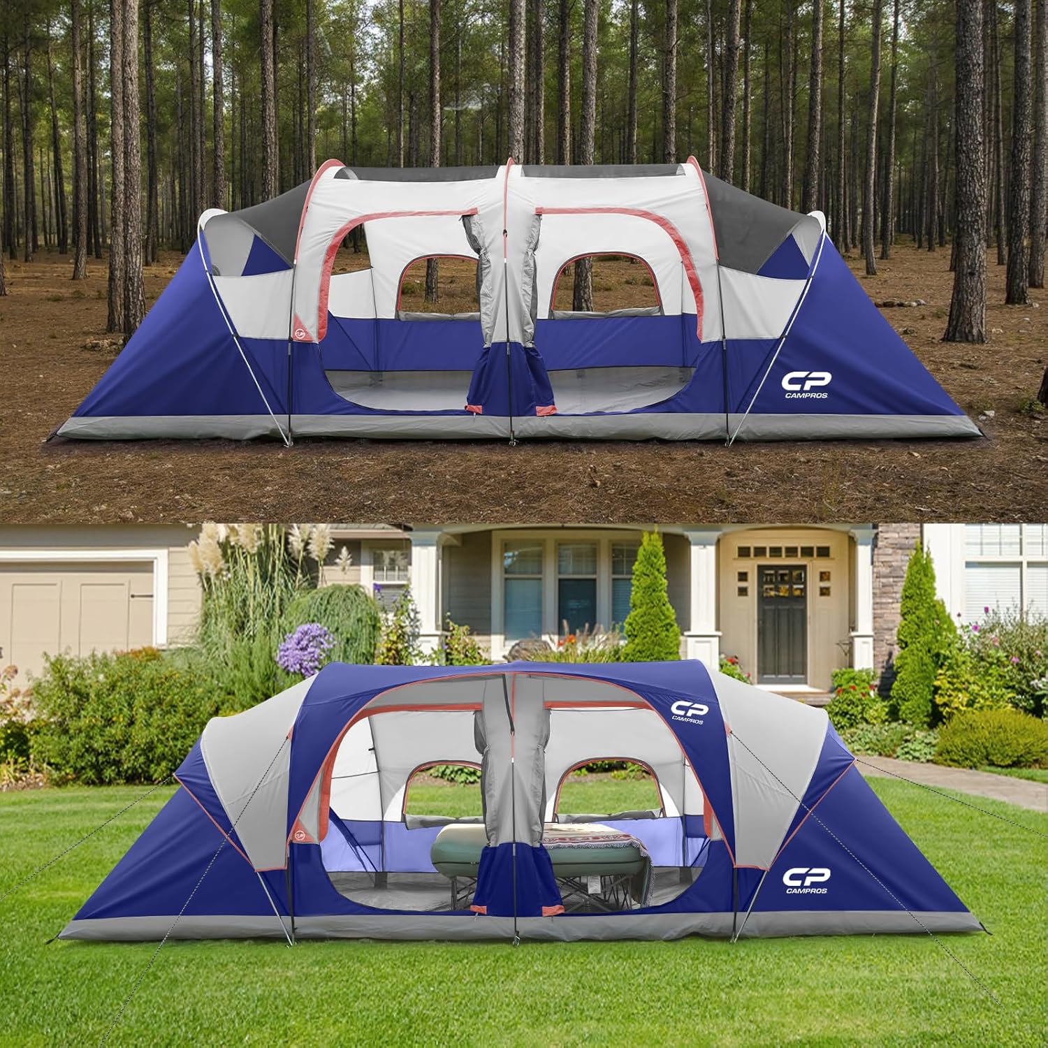 CAMPROS CP Tent 12-Person-Camping-Tents,3 Room Family Tents,Waterproof Windproof Family Tent with Top Rainfly,6 Large Mesh Windows,Double Layer,Easy Set Up, Portable with Carry Bag-20' x 9' x 72"(H) wourant