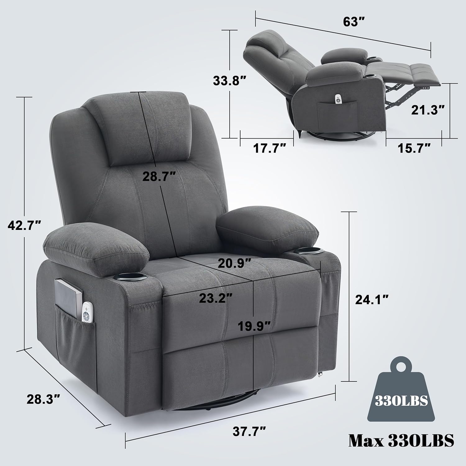 Large Swivel Rocking Recliner with Heating and Massage Function, 360 Degree Swivel Rocking Single Sofa wourant