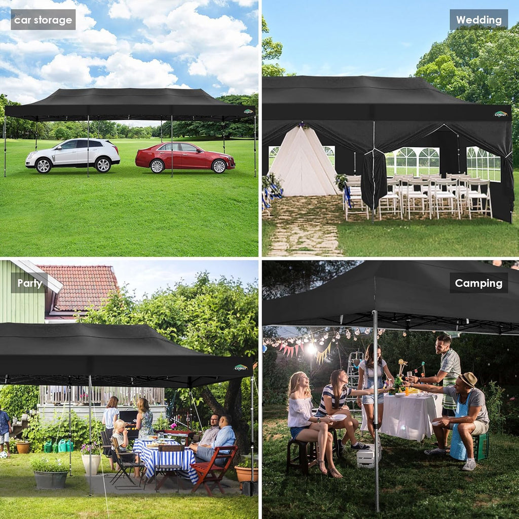 COBIZI 10x20 Heavy Duty Pop up Canopy Tent with 6 sidewalls Easy Up Commercial Outdoor Canopy Wedding Party Tents for Parties All Season Wind & Waterproof Gazebo with Roller Bag,Black(Frame Thickened) wourant
