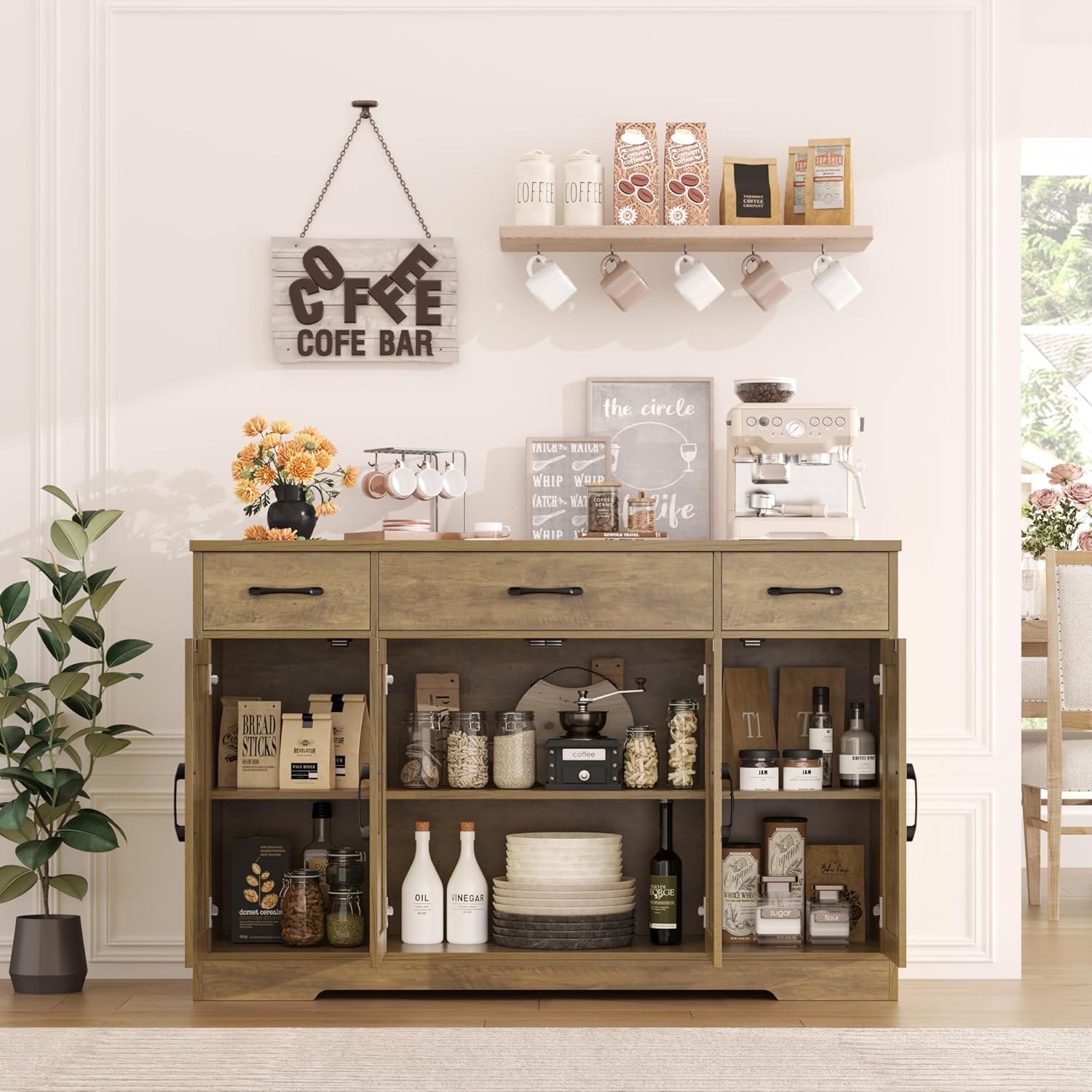 Sideboard with drawers, large 55-inch sideboard, sideboard storage with shelves and doors, modern farmhouse coffee bar wood kitchen dining table wourant