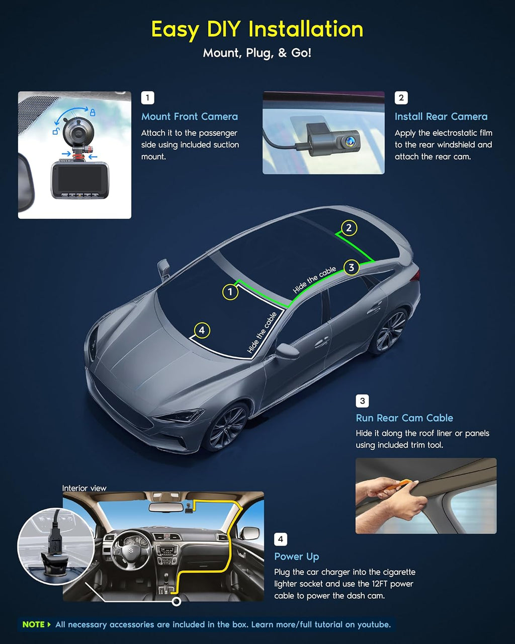 Driving recorder dual instrument cam front and rear, Starvis 2 sensor, free 128GB card, 5G WiFi - fastest download speed for up to 20mb/s App, 3-inch IPS, 24H parking mode wourant