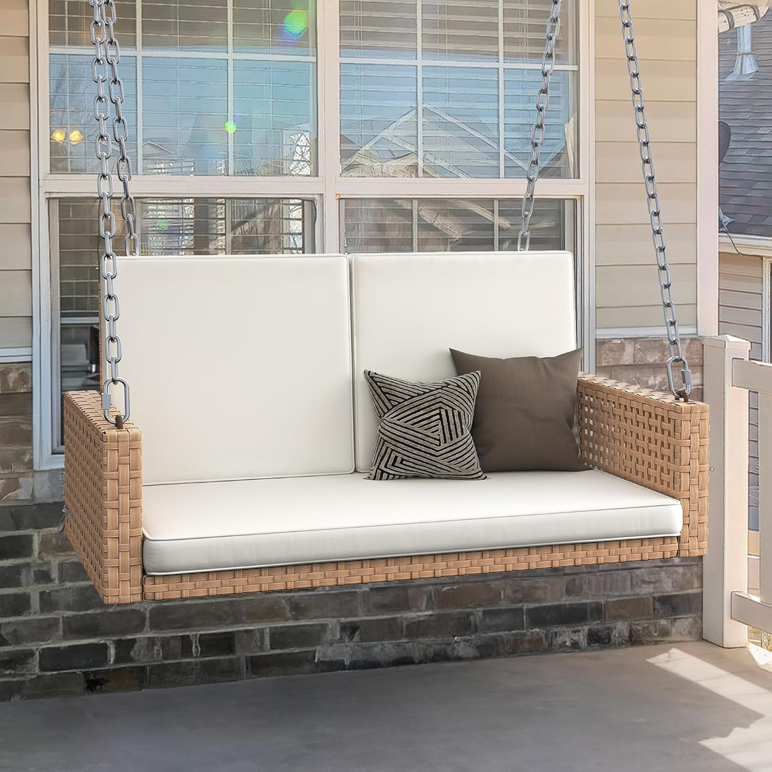 YITAHOME Hanging Porch Swing Chair Sits 3 People, Wicker Outdoor Swing Bench, Patio Lounge Chair, 1 Seating Cushion and 3 Back Cushions, w/Removable Covers, for Garden, Balcony, Backyard, Brown wourant