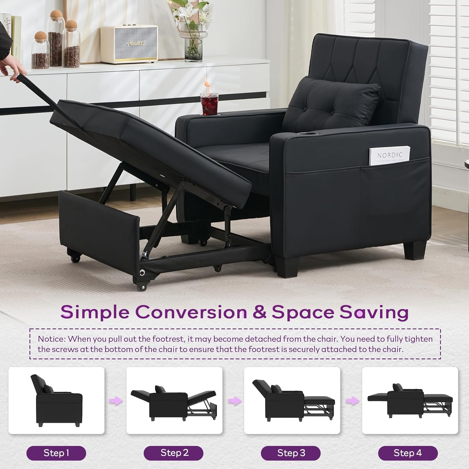Adult Convertible Sleeper Chair Bed, 3-in-1 Pull-Out Sofa Bed with USB/Type-C Ports, Cup Holders, Side Pockets, Single Sofa wourant